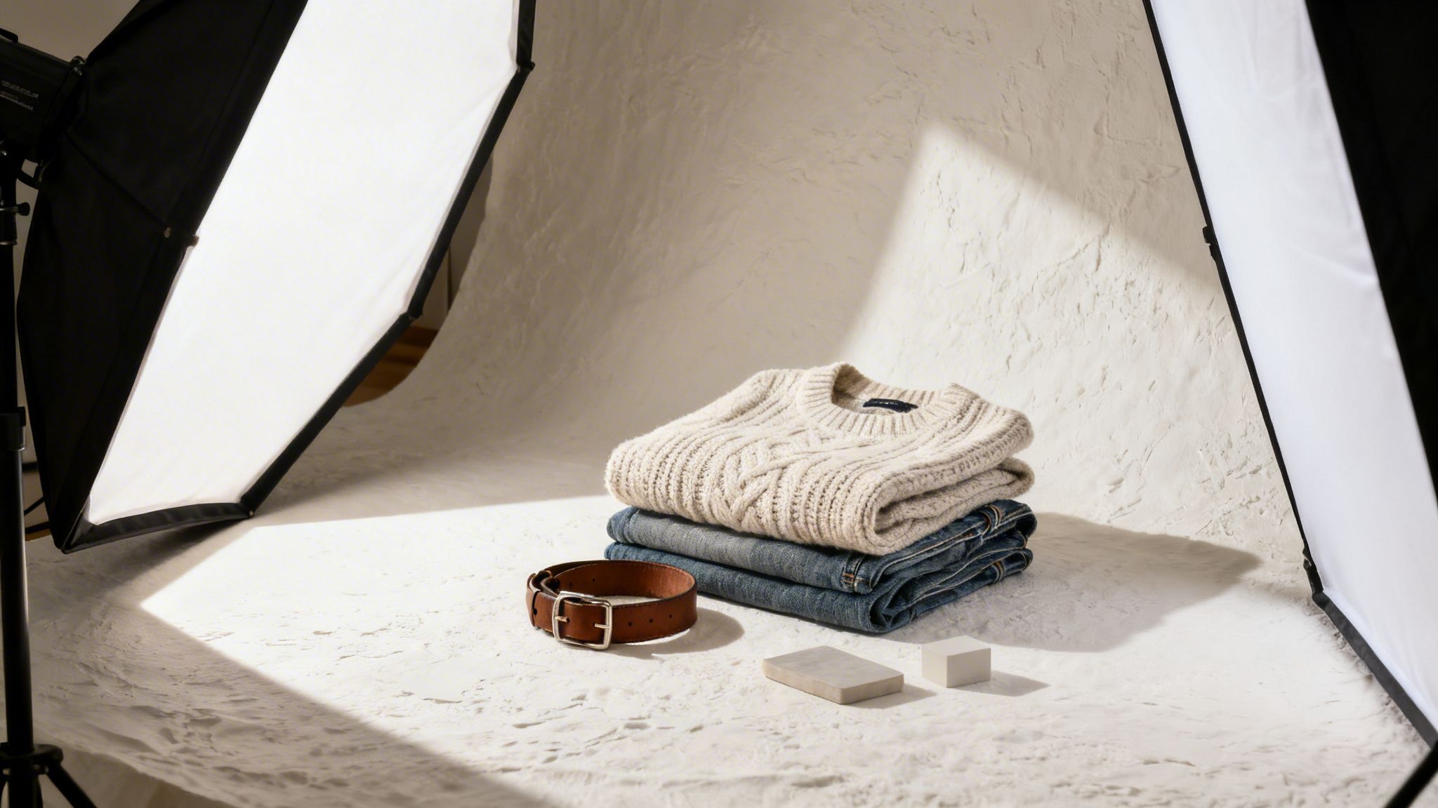 A studio setup for flat lay photography featuring clothing, a belt, and two large softbox lights.