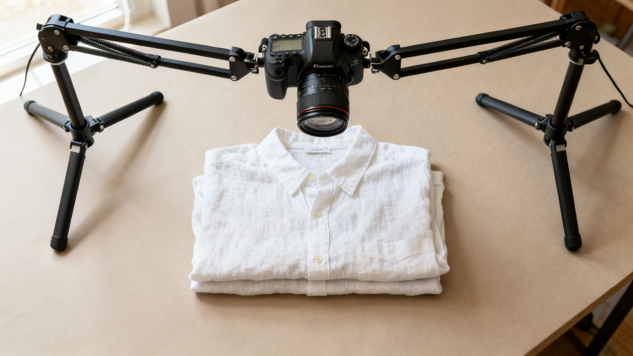 Overhead camera rig with a DSLR and two tripods positioned above a folded white shirt for flat lay.