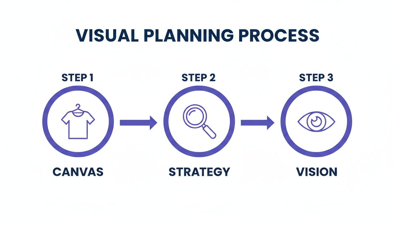 A visual planning process flowchart illustrating three steps: Canvas, Strategy, and Vision, with icons.