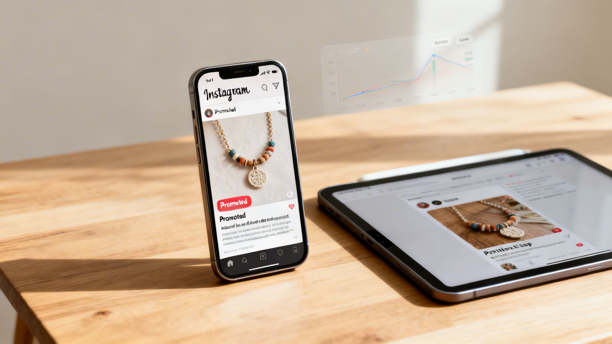 Smartphone and tablet displaying e-commerce promotions and sales analytics on a wooden desk.