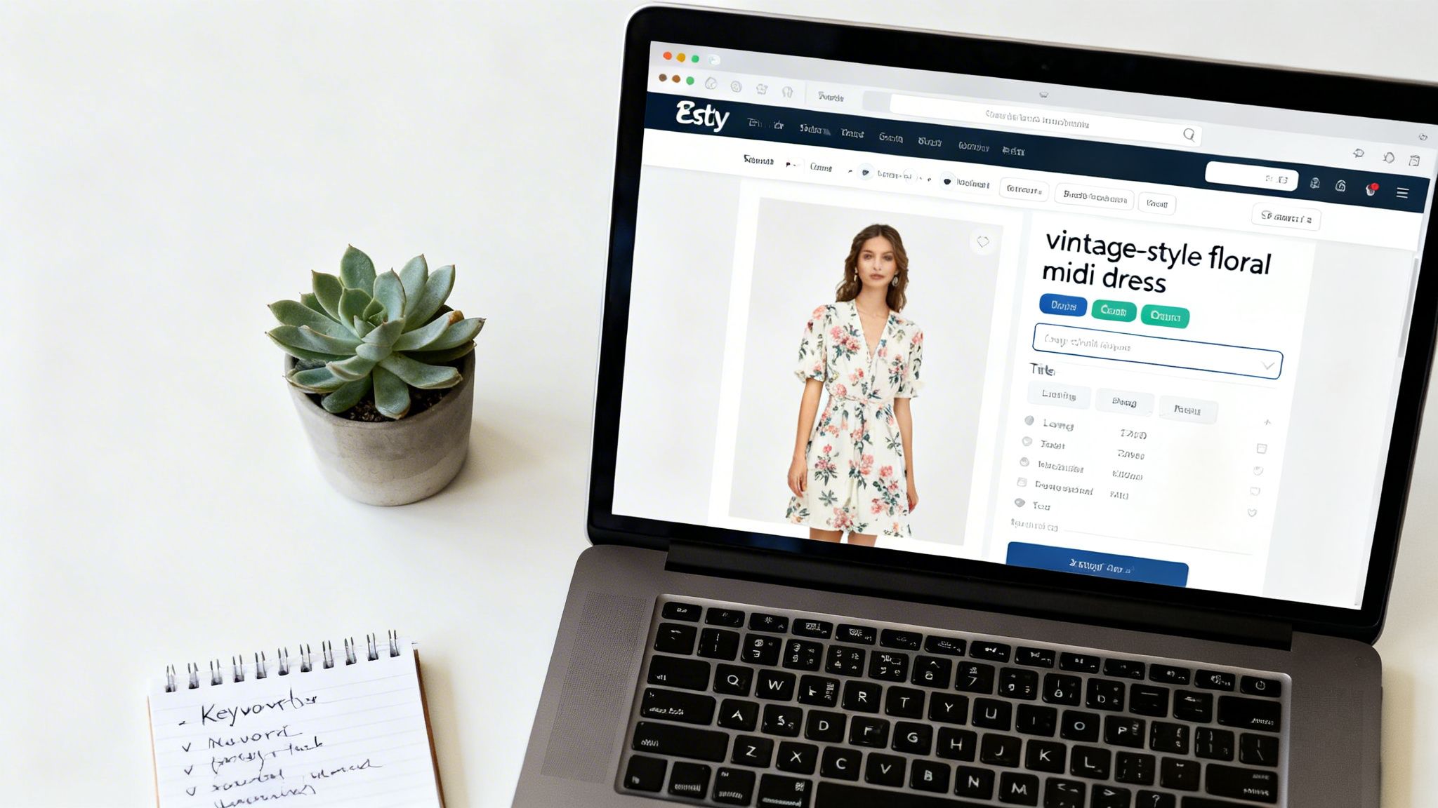 A laptop on a white desk shows an Etsy product page for a vintage-style floral midi dress.