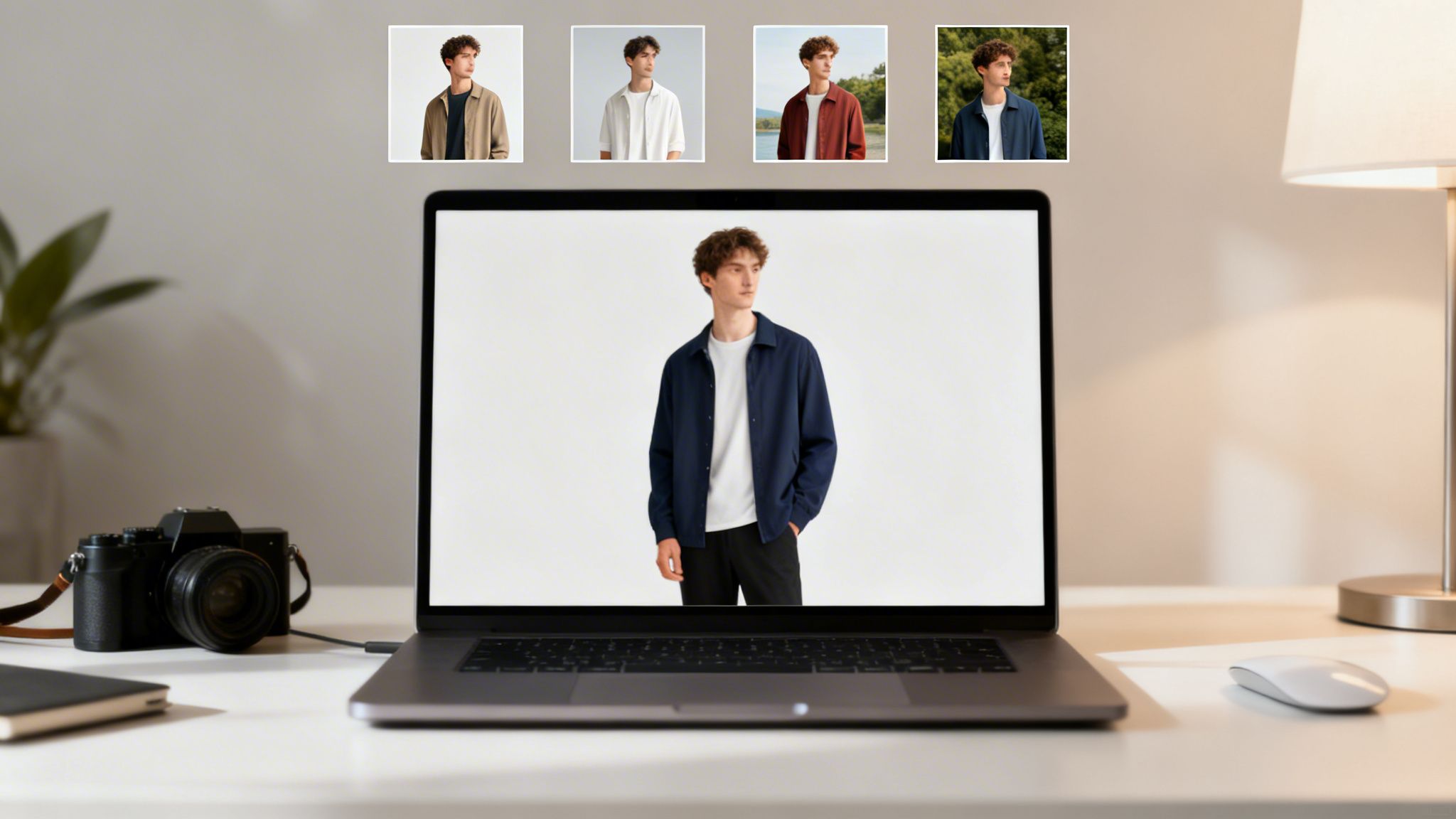 A laptop on a desk displays a man in a blue jacket, with other outfits displayed above.