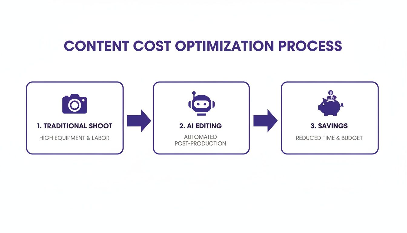 Infographic illustrating content cost optimization: from traditional shoots and labor to AI editing for savings.