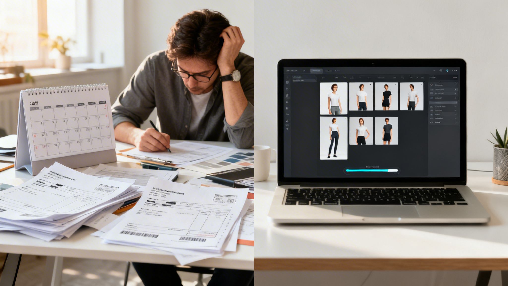 A man works on documents beside a laptop displaying virtual fashion models in various outfits.
