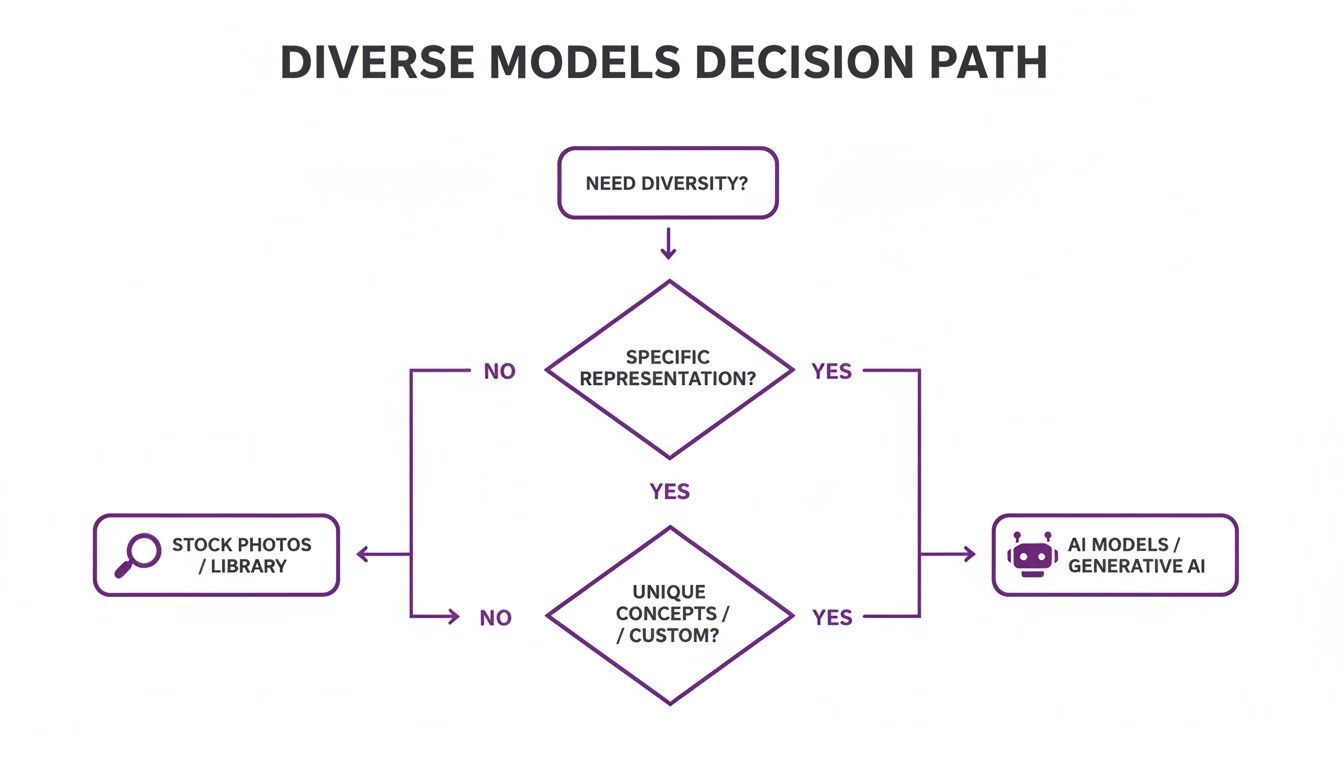 Flowchart titled 'Diverse Models Decision Path' guiding the choice between stock photos and AI models based on representation needs.