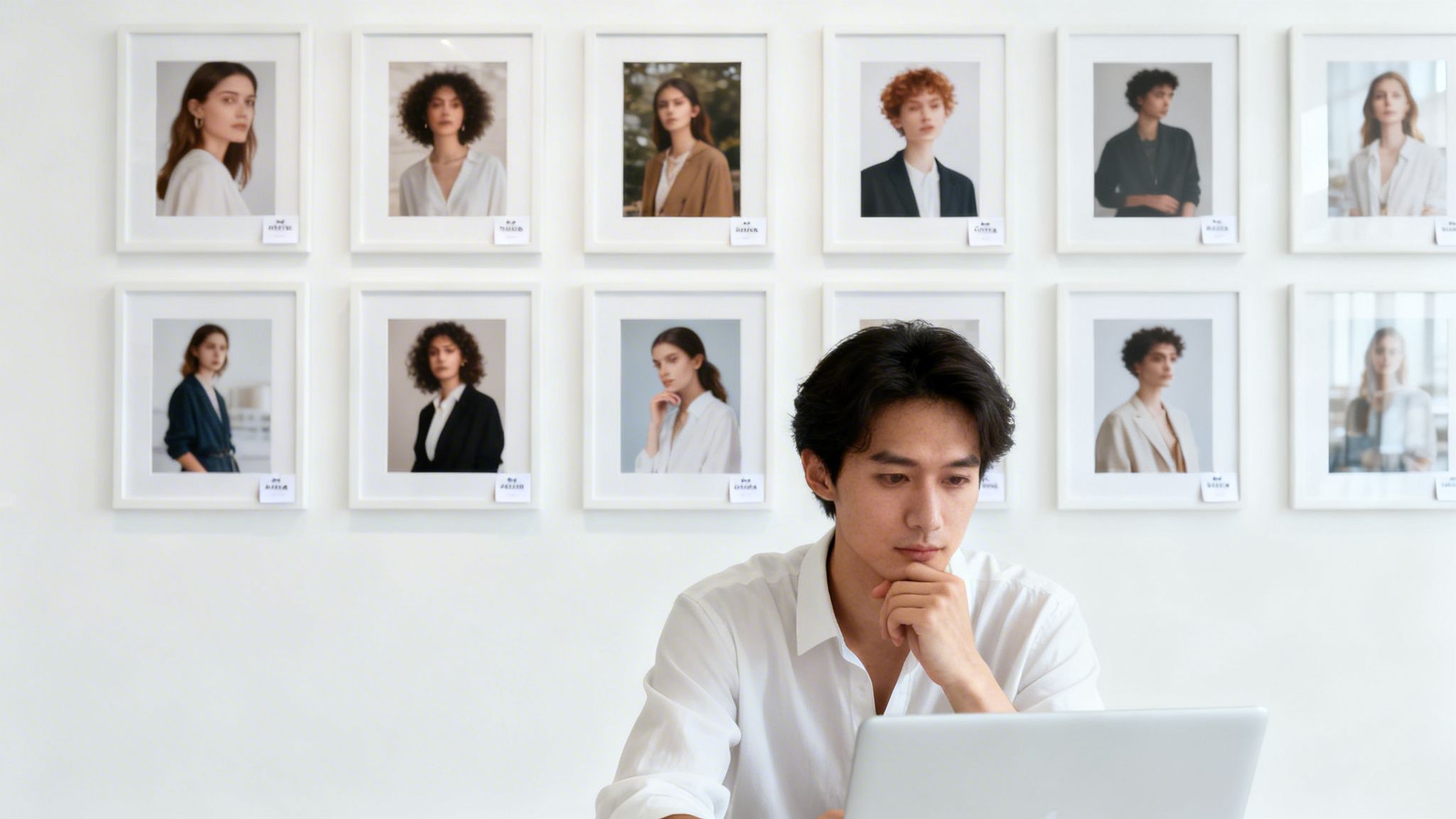 Young man evaluates potential models displayed in framed photos on a white wall.