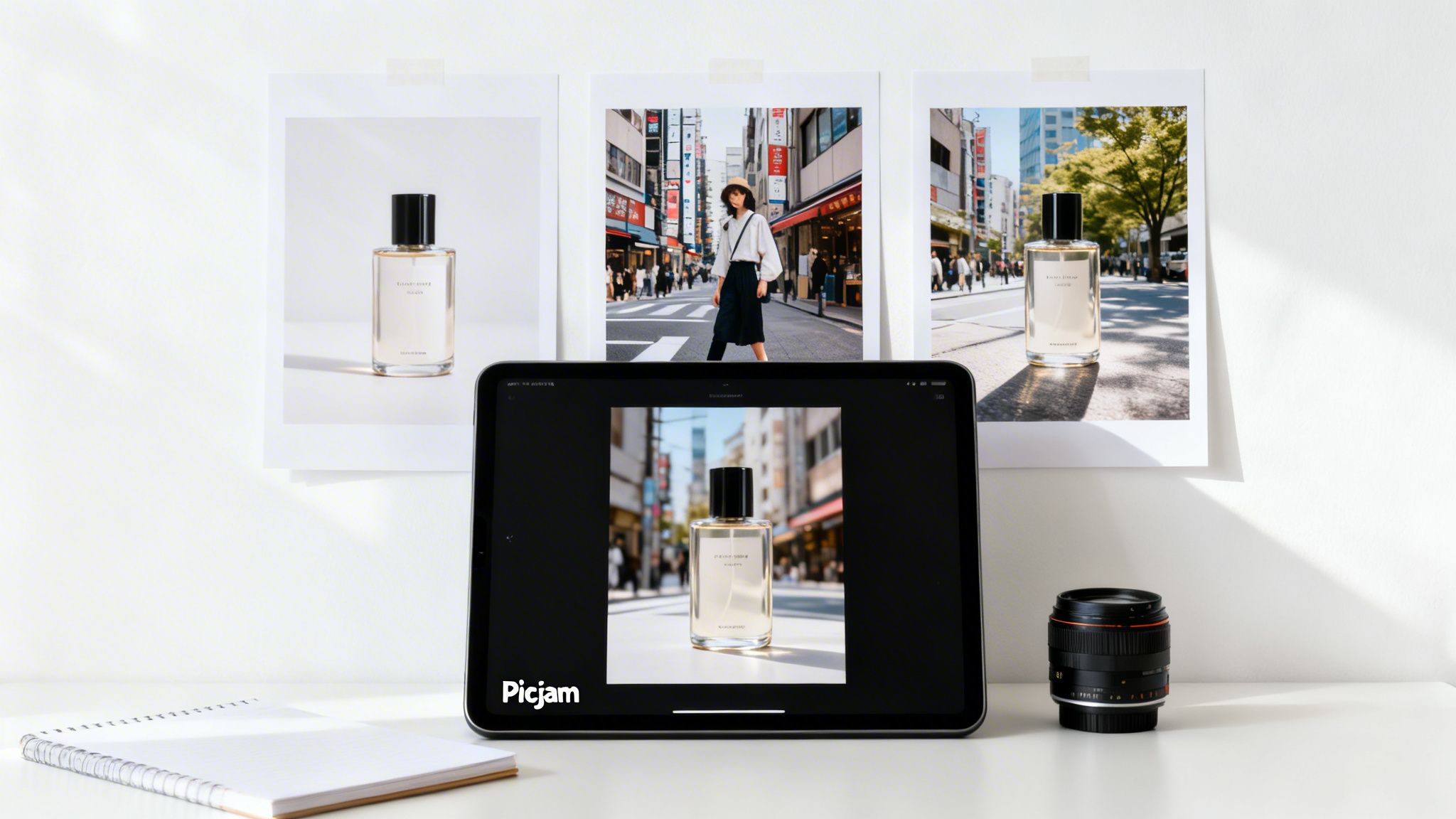 A desk with a tablet displaying a perfume bottle photo, surrounded by prints, a lens, and a notebook.