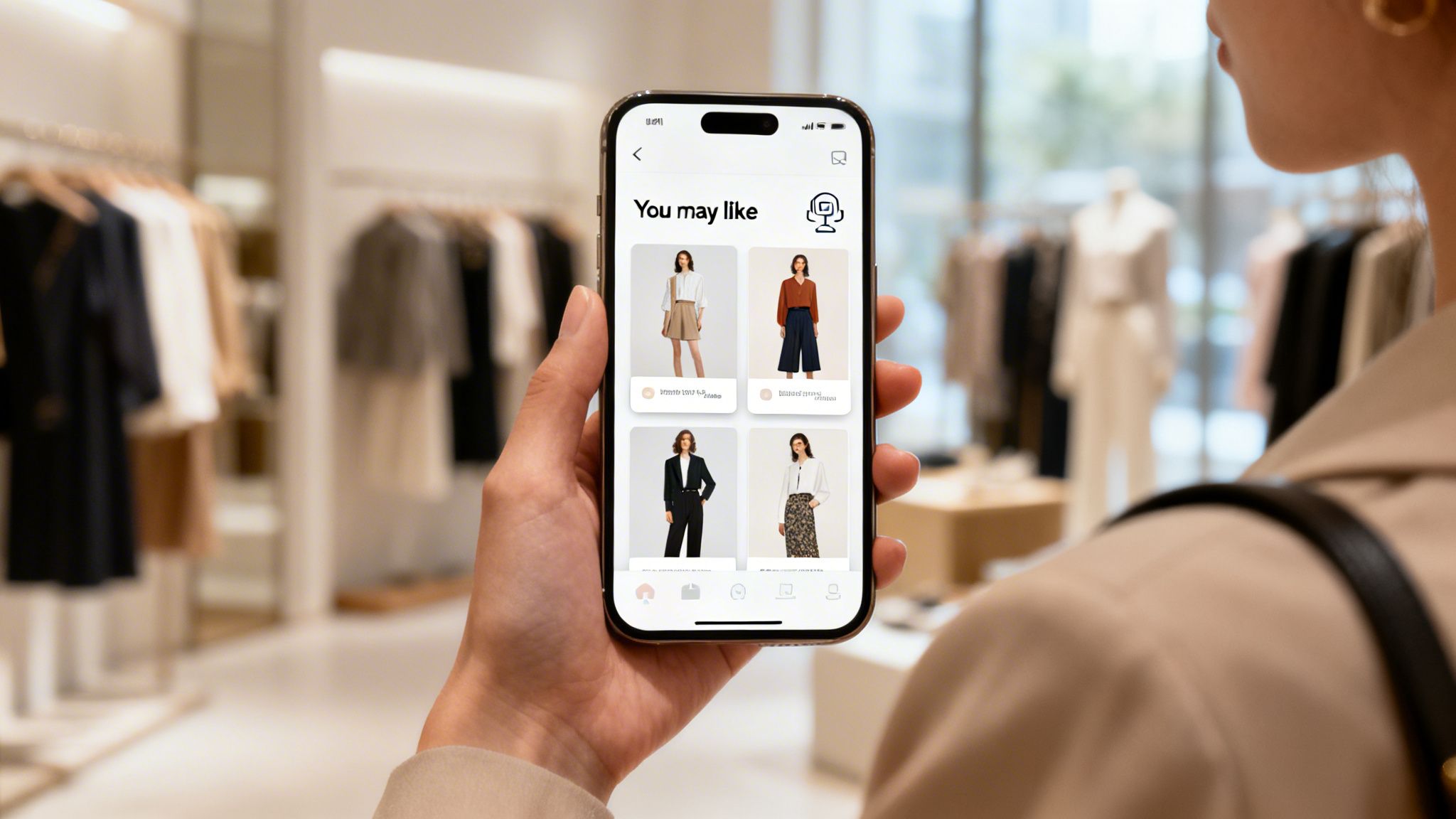 A person holds a smartphone in a clothing store, showing a fashion app with 'You may like' clothing recommendations.