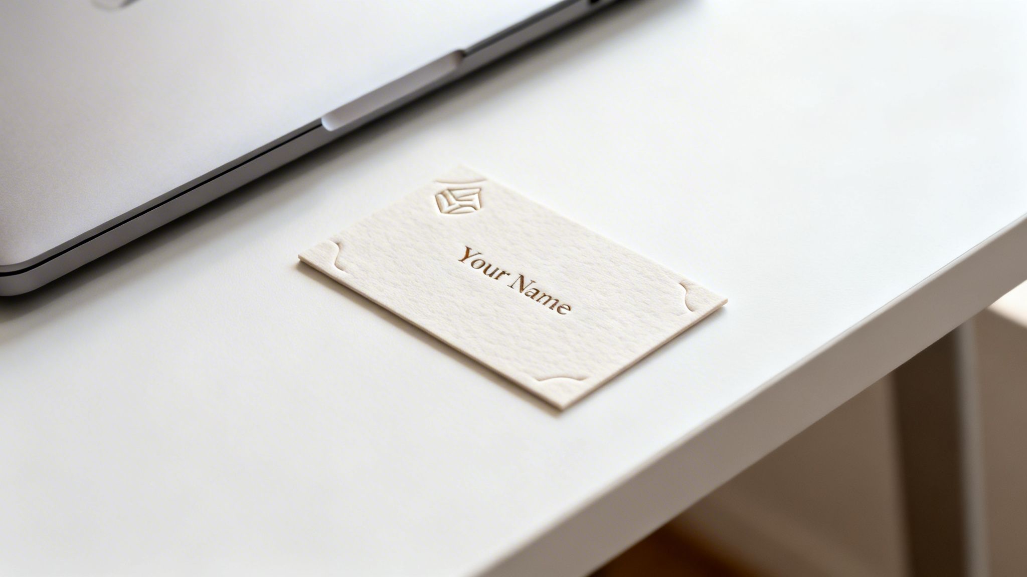 A textured business card with 'Your Name' and a unique logo, resting on a white desk next to a silver laptop.
