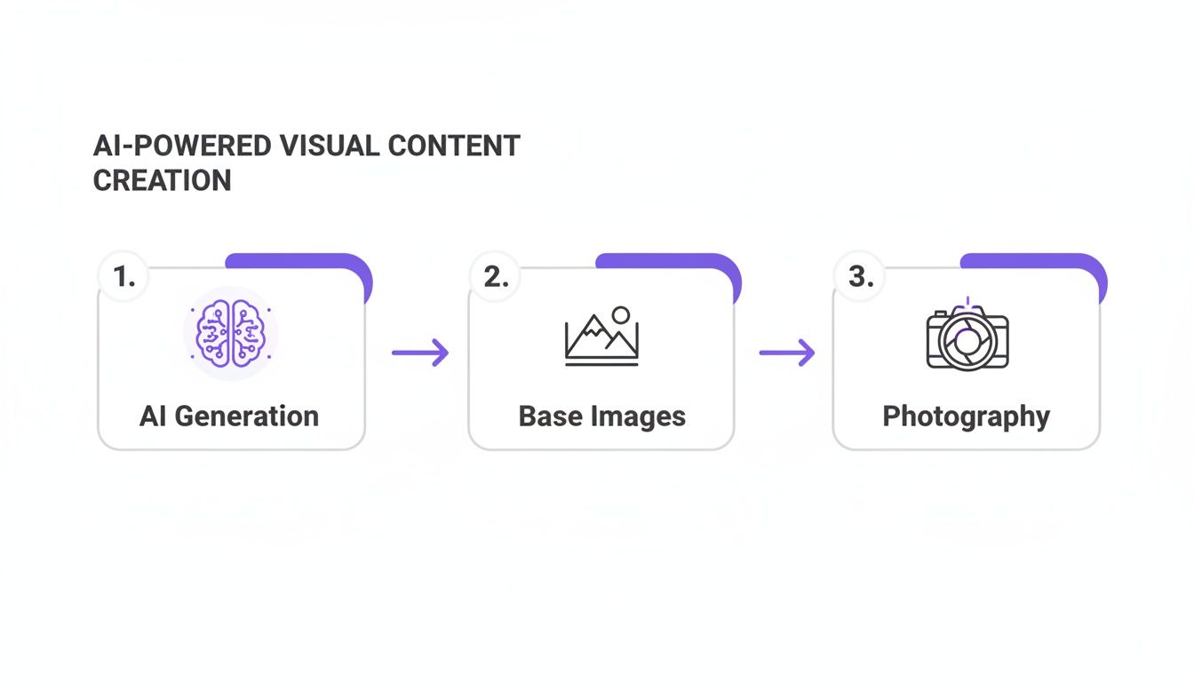 Infographic showing a three-step process for AI-powered visual content creation: AI generation, base images, and photography.