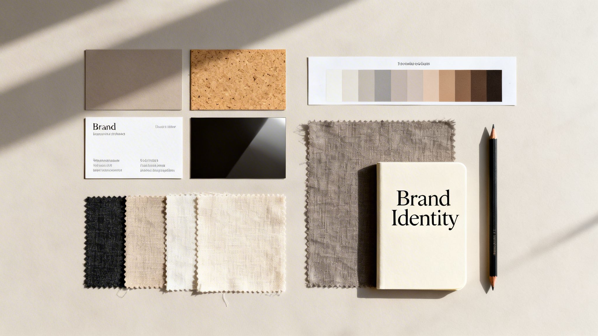 A minimalist flat lay of brand identity elements, including business cards, color swatches, and fabric samples.
