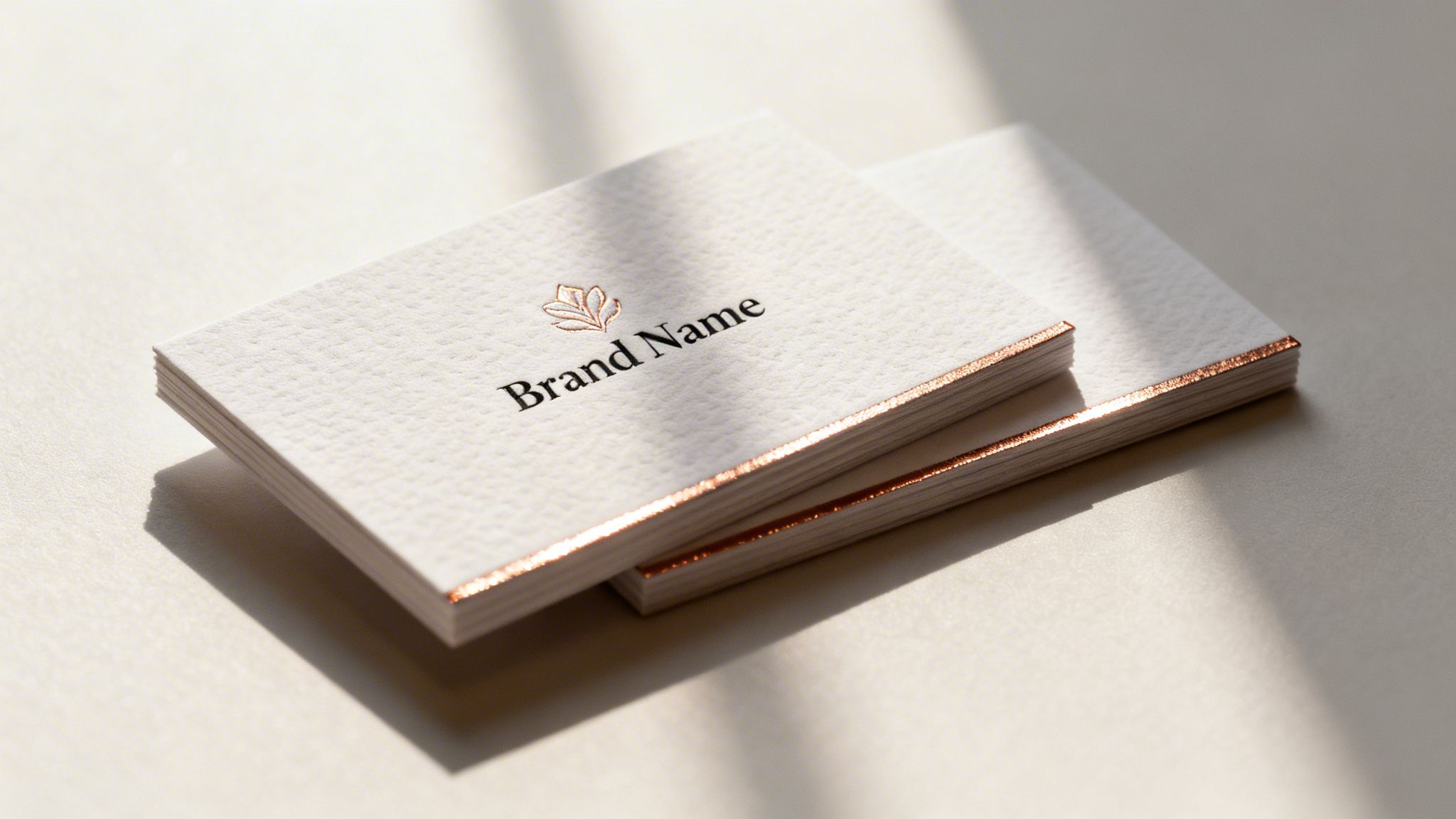 Two stacks of white textured business cards with a copper-foiled edge and 'Brand Name' text.