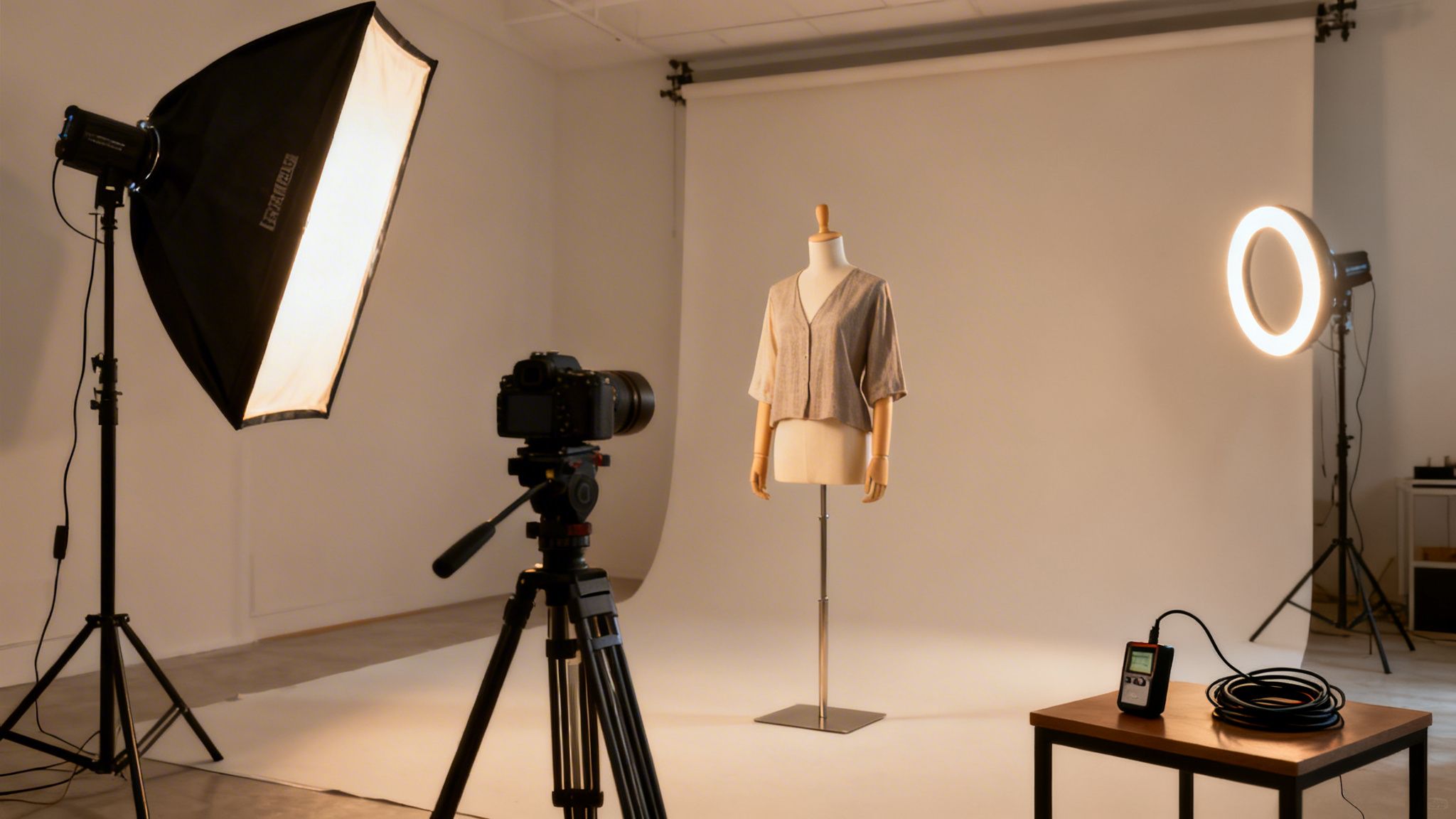 A complete photography studio setup with camera, lights, and a mannequin wearing a shirt.
