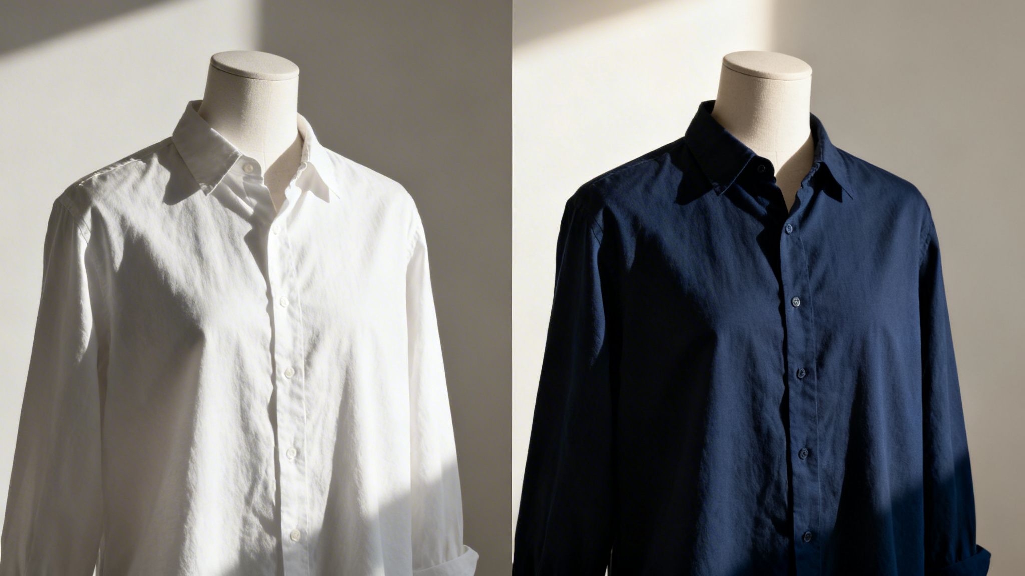 Two mannequins showcase white and navy button-up shirts under natural light with distinct shadows.
