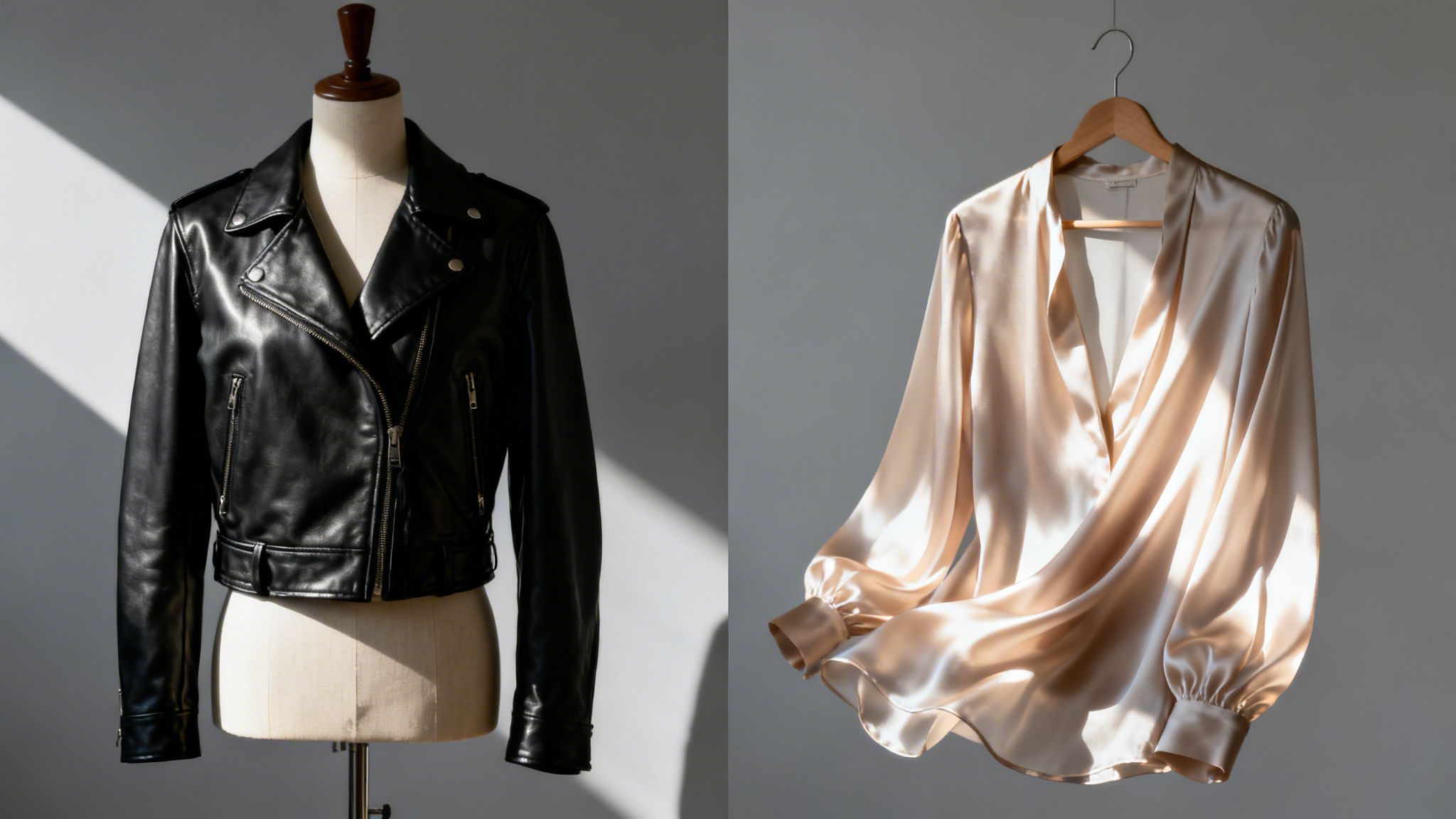 Stylish black leather jacket on a mannequin and flowing silk blouse on a hanger, showcasing dramatic lighting.