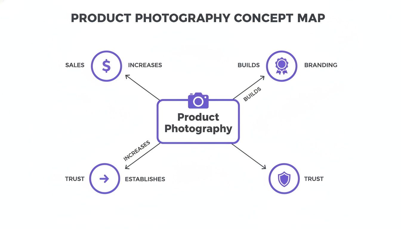 A concept map shows how product photography increases sales, builds branding, and establishes trust.