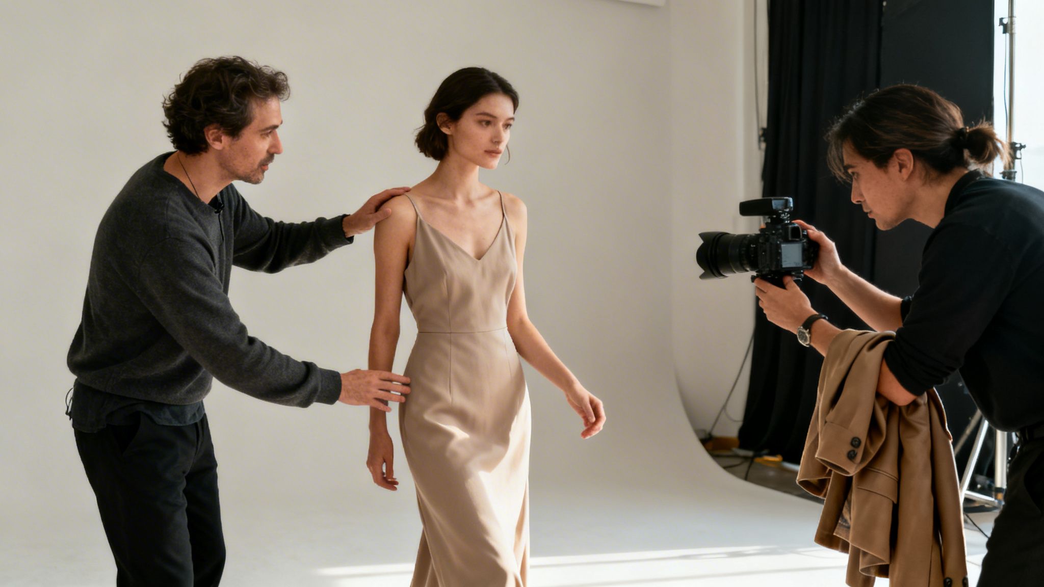 A photoshoot in a studio with a director posing a model in a beige dress while a photographer takes pictures.