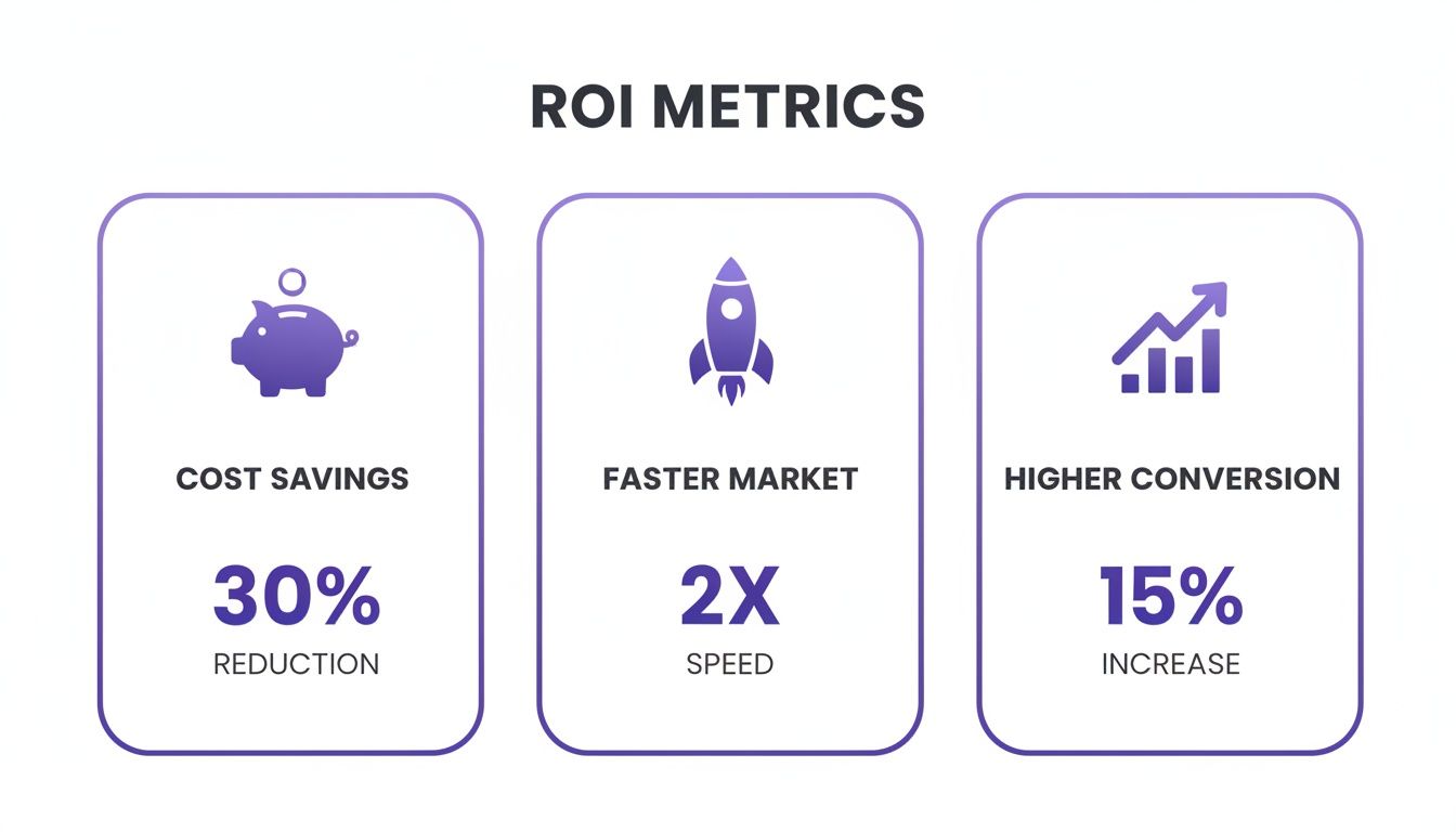Three ROI metrics: 30% cost savings, 2x faster market speed, and 15% higher conversion rates.