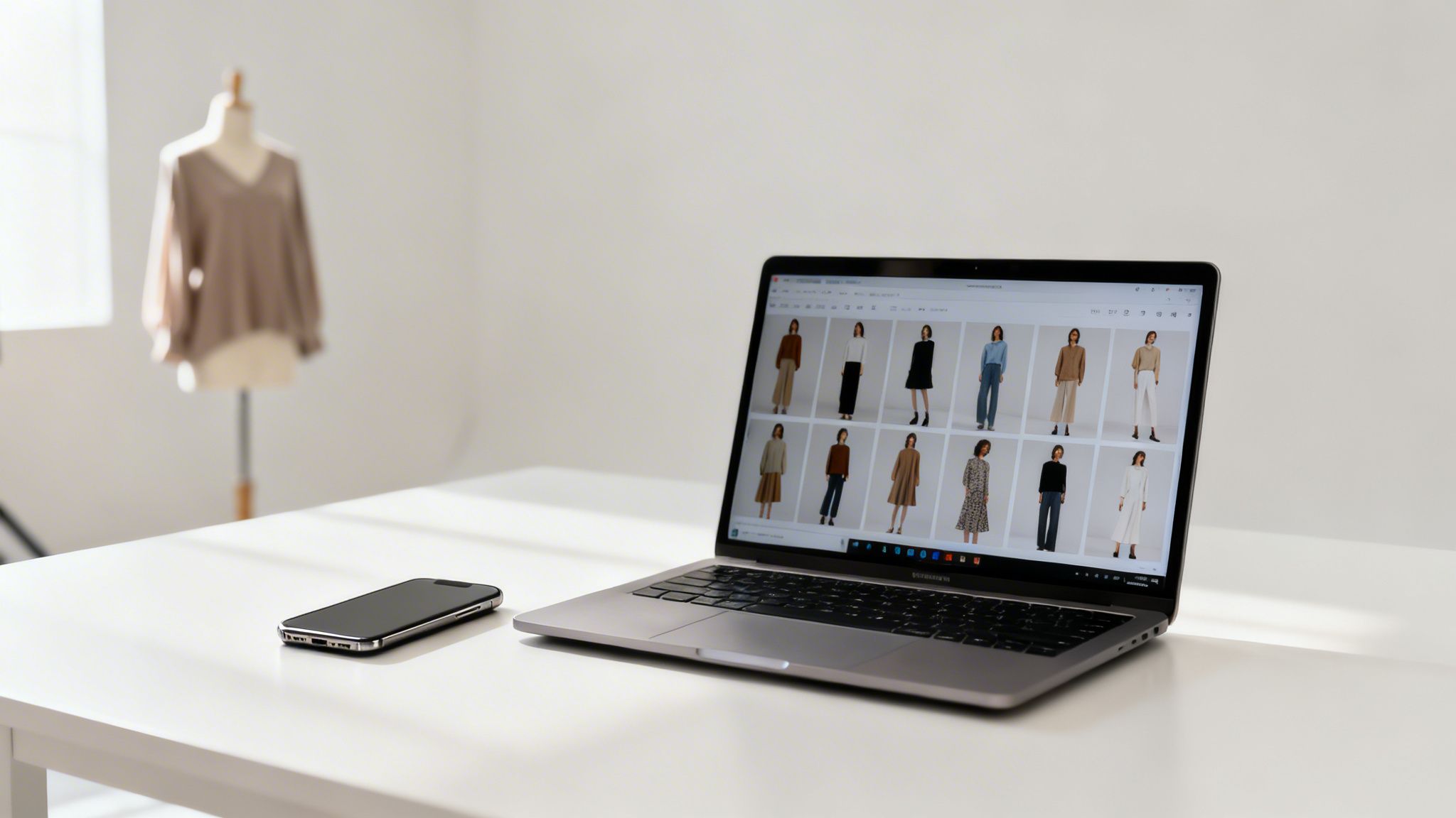 A laptop displaying fashion product photos from an online store, a smartphone, and a mannequin.