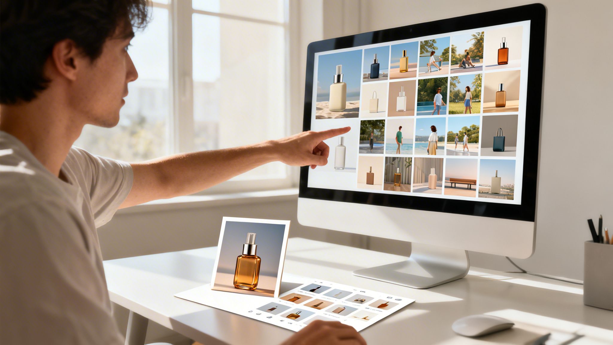 A man points at a computer screen displaying a grid of product images, with a print on his desk.