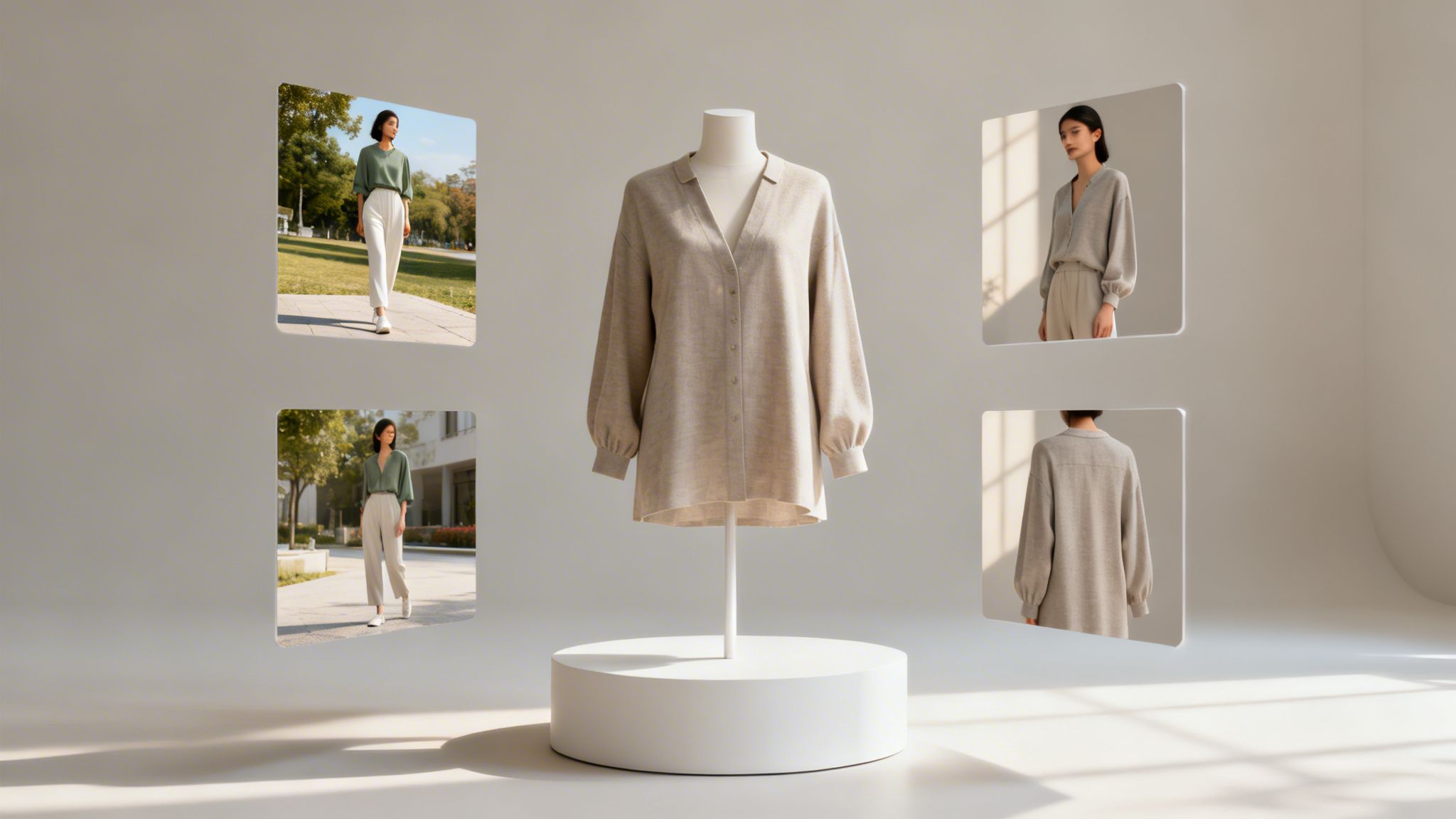 A beige long-sleeve blouse on a mannequin, surrounded by floating images of models wearing similar clothing.
