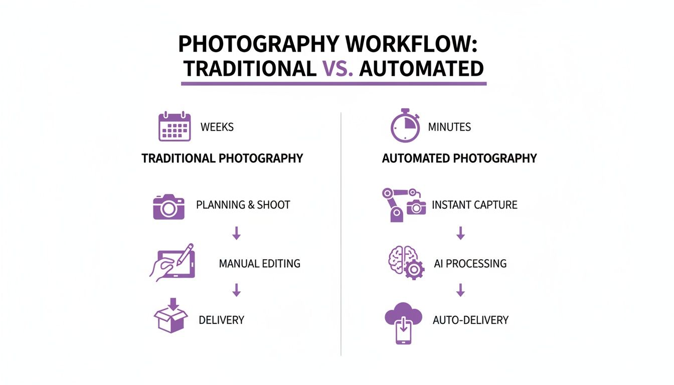Infographic comparing traditional photography workflow steps (weeks, manual) with automated photography workflow steps (minutes, AI, auto-delivery).