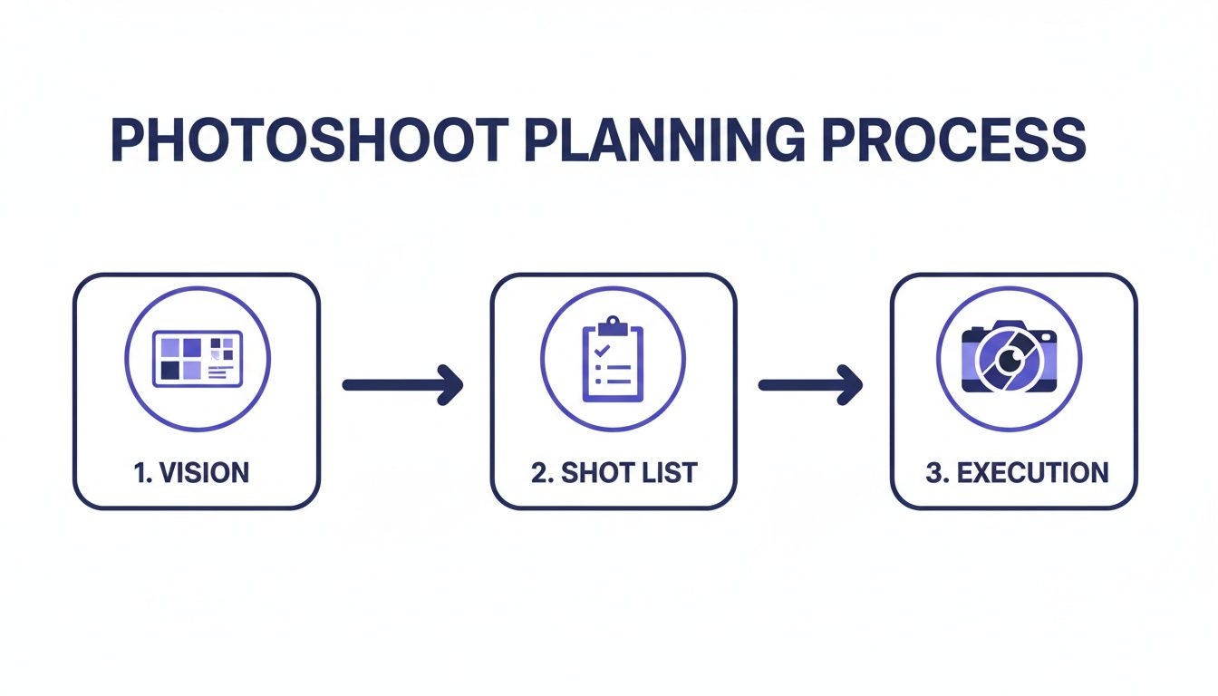 Diagram illustrating the three-step photoshoot planning process: Vision, Shot List, and Execution.