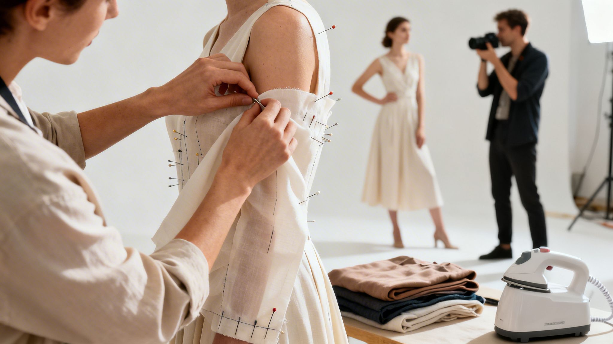 A fashion designer pins a dress on a model during a clothing photoshoot in a studio.