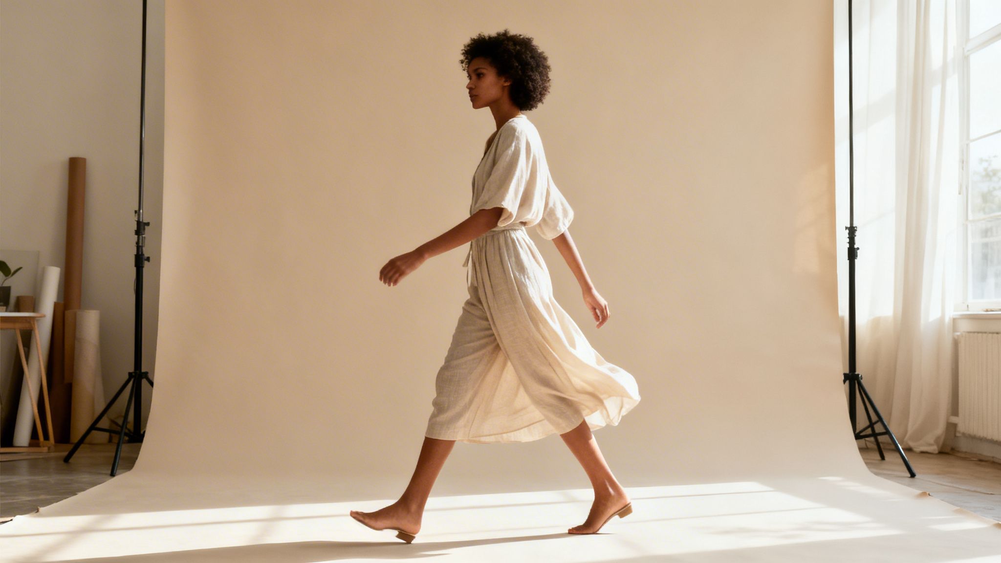 A woman with curly hair wearing a flowing linen dress walks across a beige studio set.