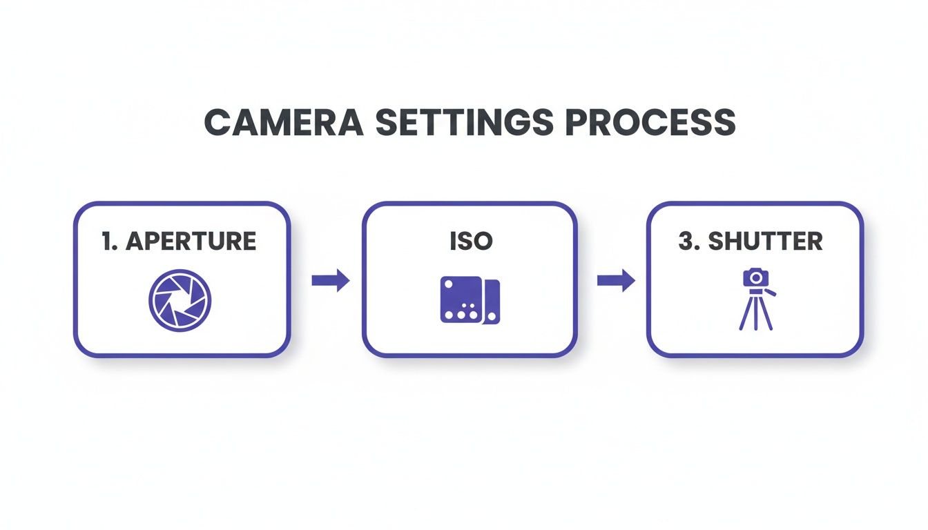 Flowchart illustrating the camera settings process, detailing aperture, ISO, and shutter speed in sequence.