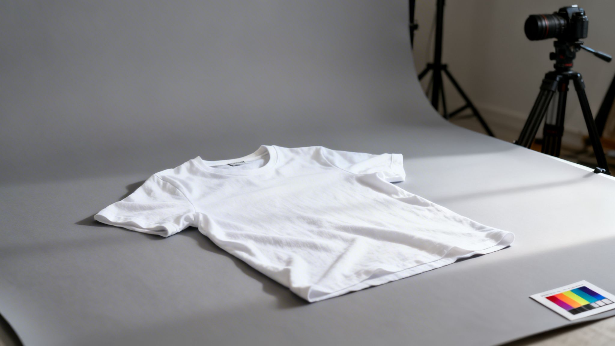 A white t-shirt laid flat on a grey studio backdrop, ready for product photography.