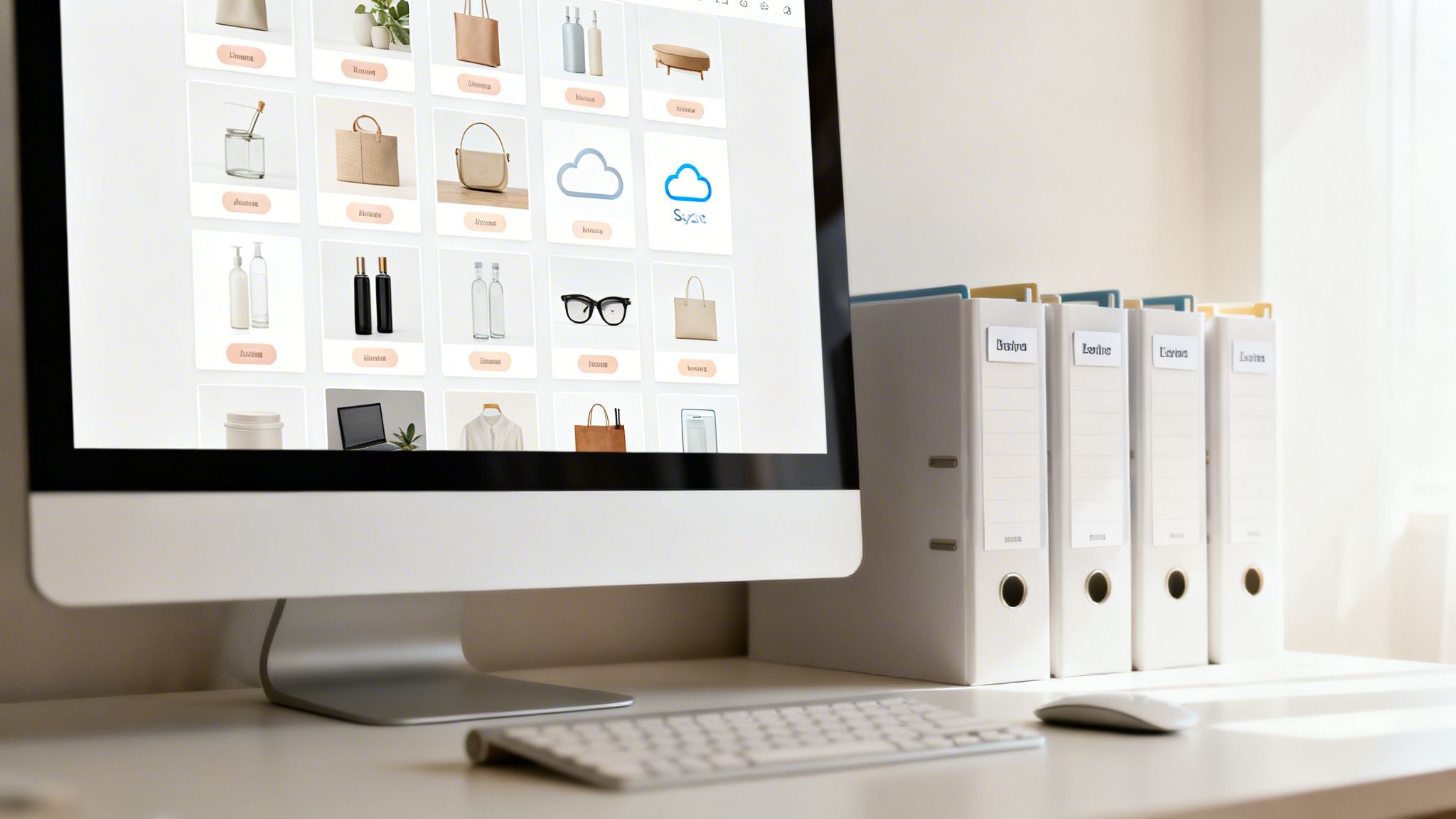 A clean office desk with a computer screen displaying various product photos for e-commerce, beside organized binders.