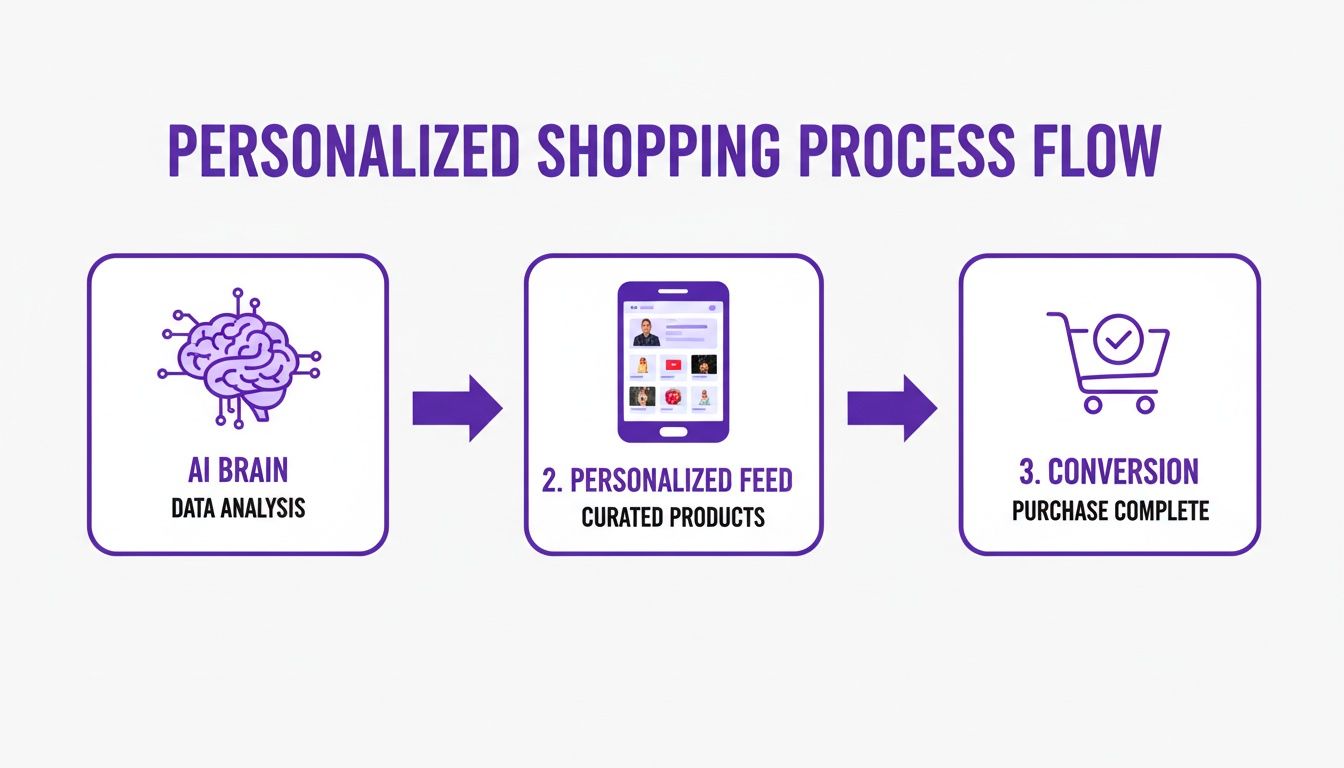 Flowchart illustrating a personalized shopping process driven by AI data analysis, a curated product feed, and conversion.