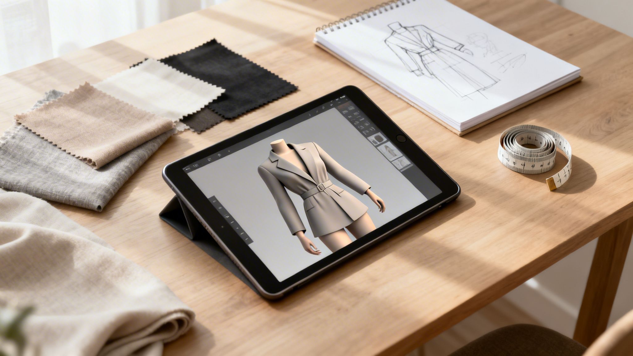 AI fashion design workspace with a 3D garment on a tablet, sketches, and fabric samples.