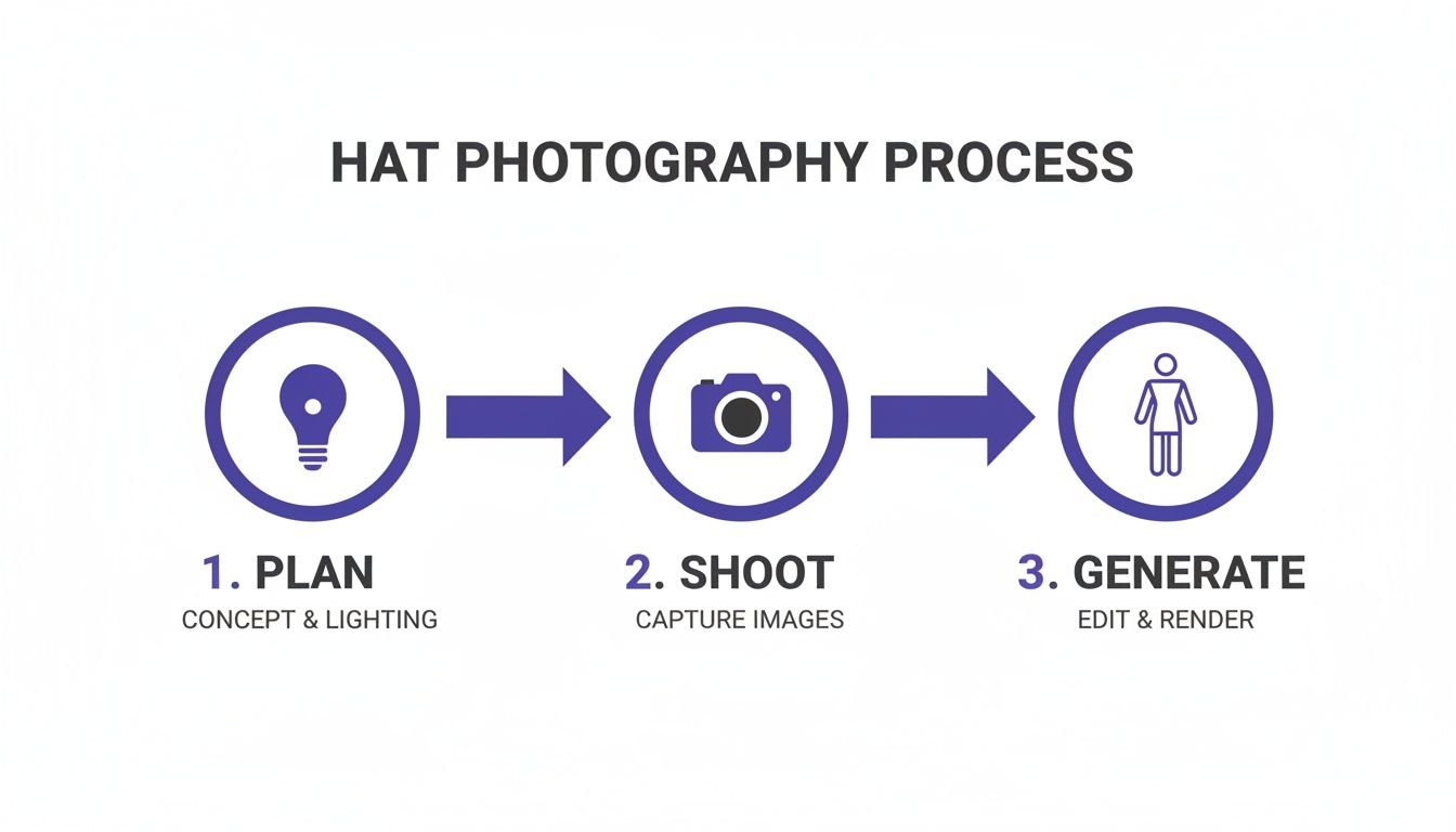 A three-step infographic detailing the hat photography process: Plan, Shoot, and Generate.