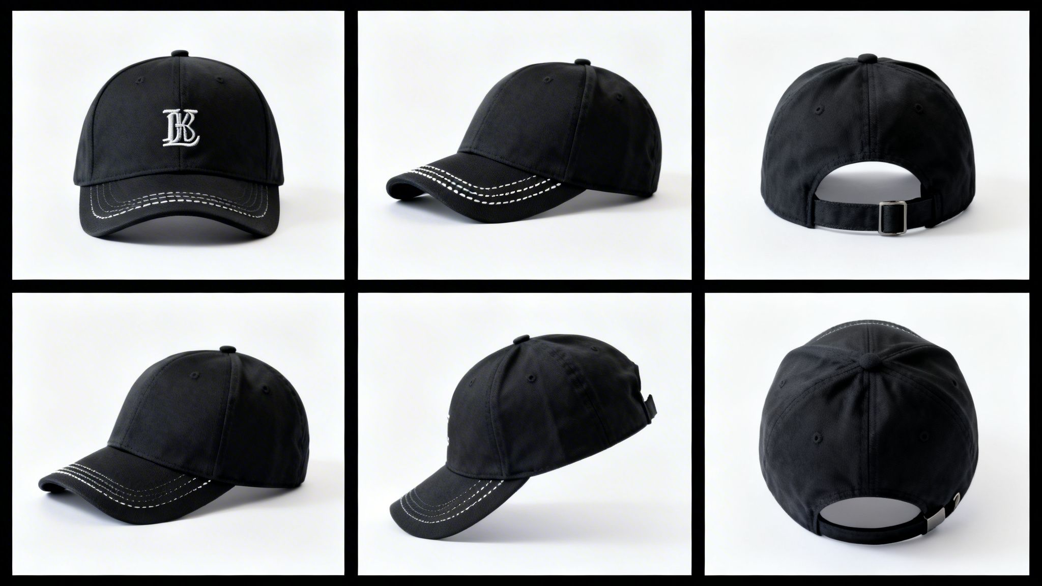 Multiple views of a black baseball cap featuring white stitching and an embroidered 'B' logo.