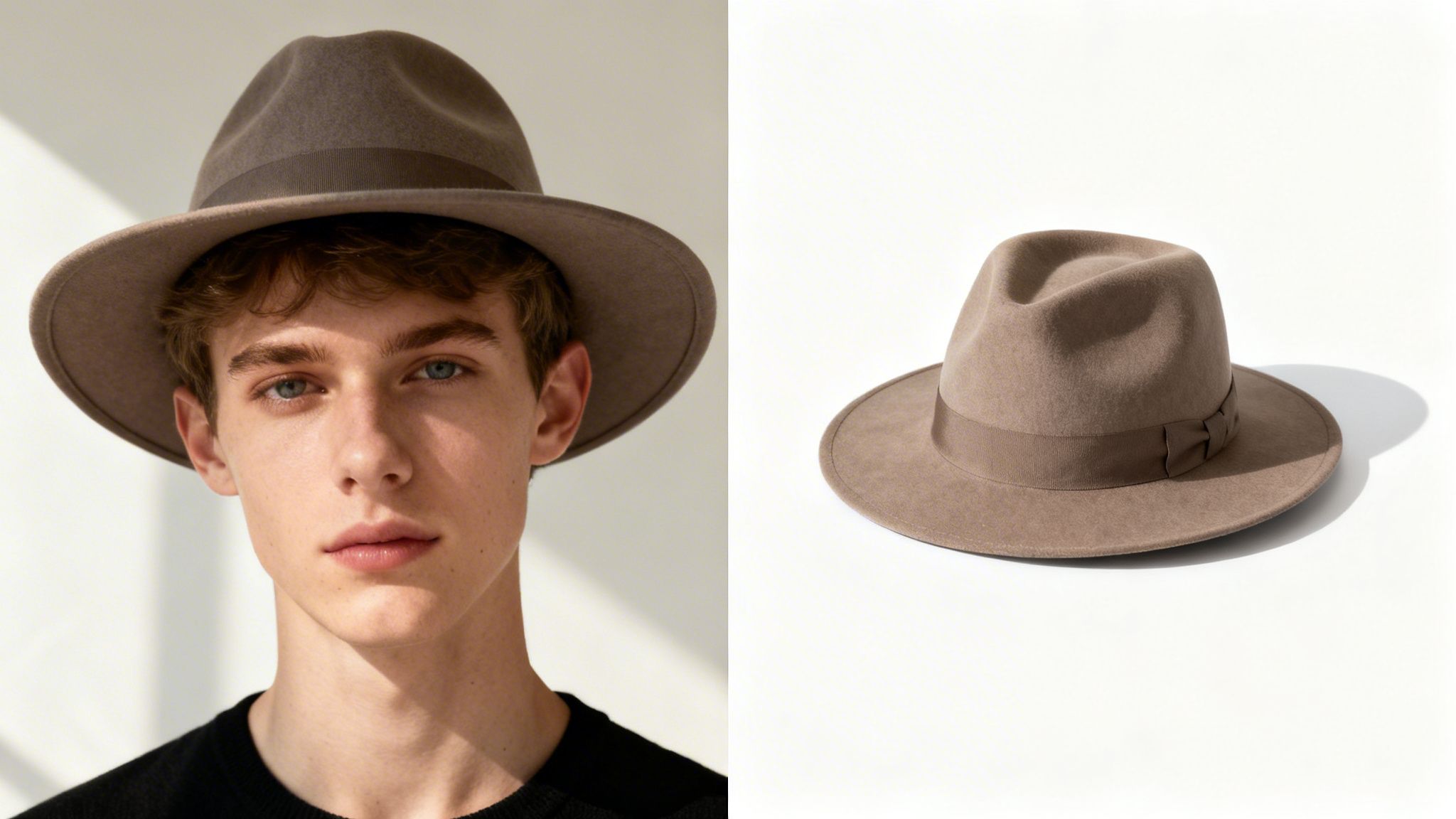 Split image featuring a young man wearing a taupe felt fedora and the same hat on a white background.