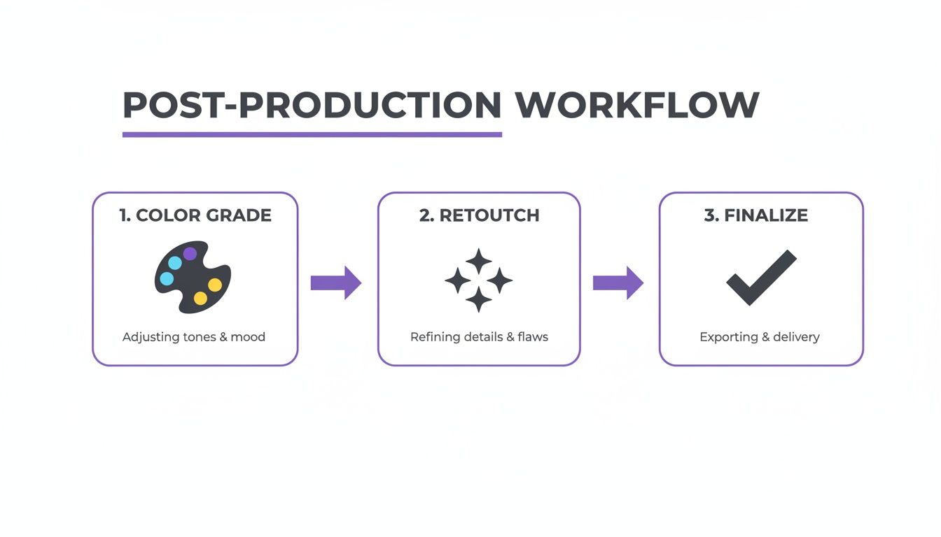 Infographic outlining a three-step post-production workflow including color grading, retouching, and finalization.