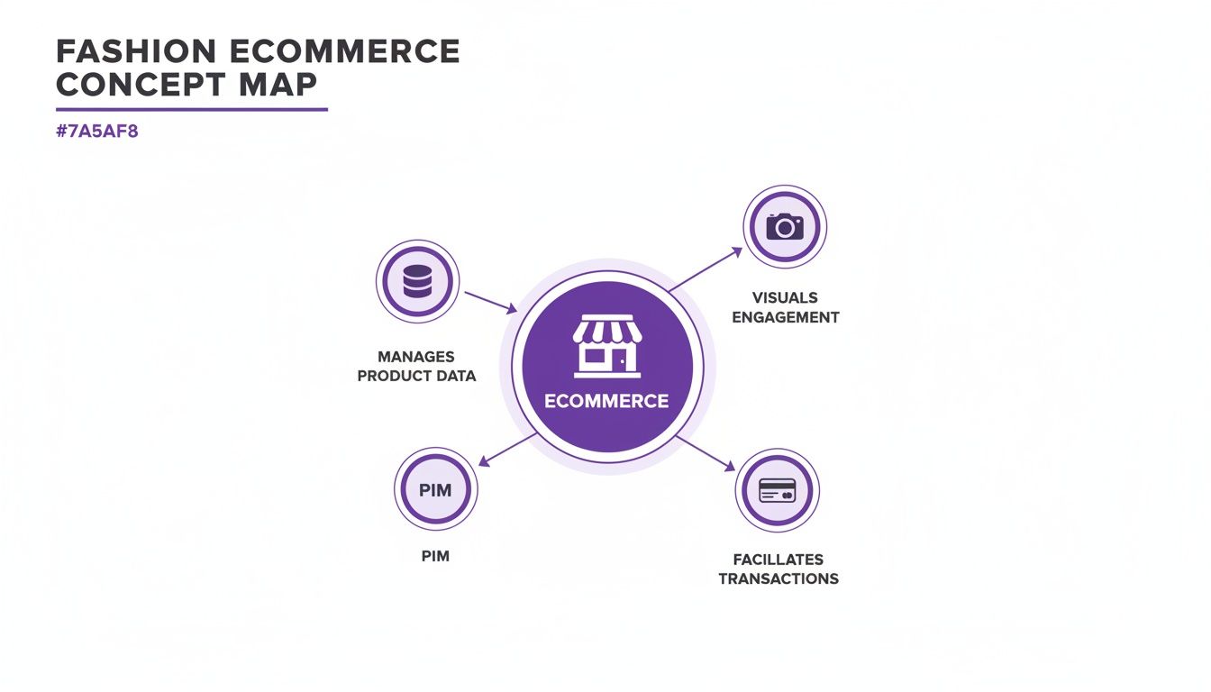 A fashion e-commerce concept map illustrating product data management, visual engagement, PIM, and transaction facilitation.