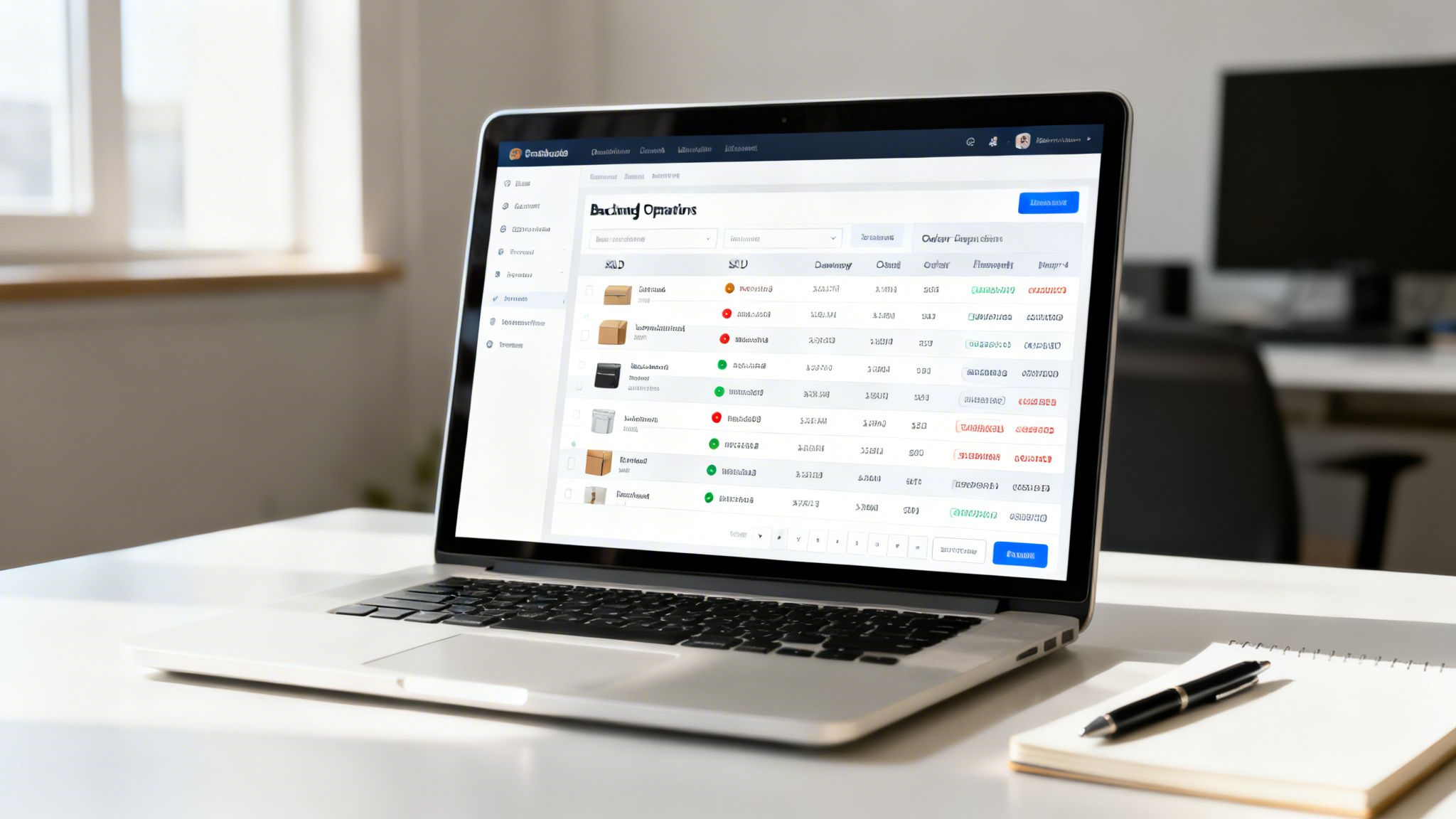 A laptop on a desk displaying an e-commerce backend dashboard with product listings and data.
