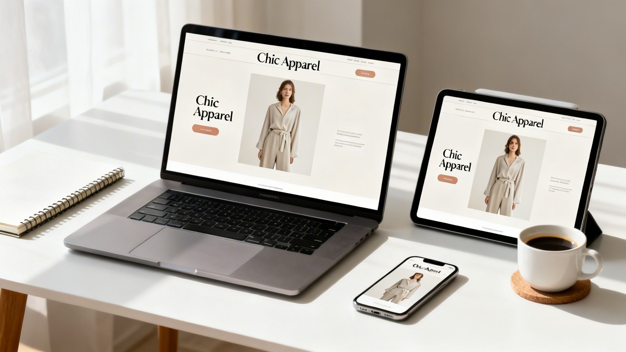 A laptop, tablet, and smartphone display a 'Chic Apparel' fashion e-commerce website on a white desk with coffee.