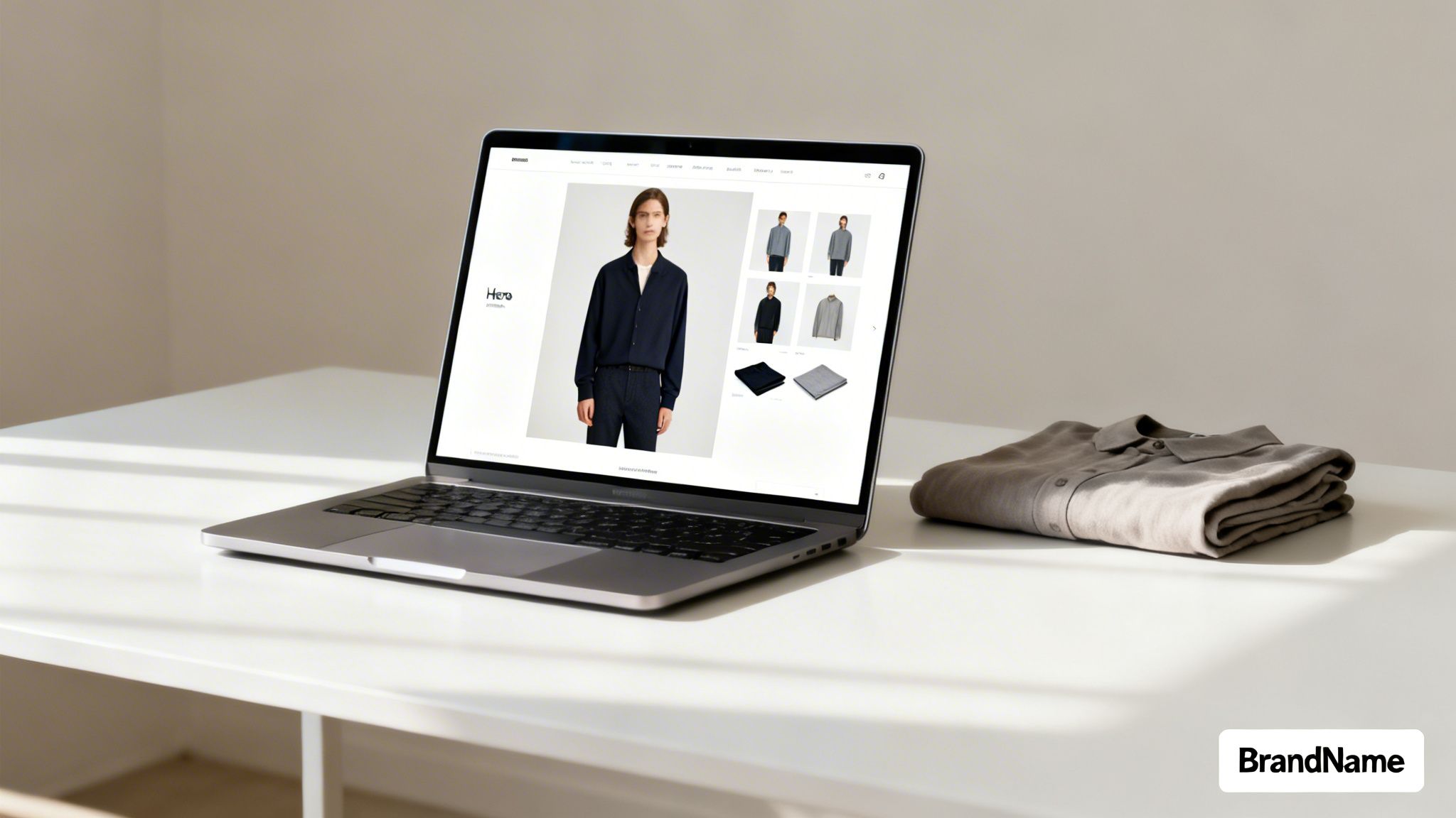 A laptop displays an e-commerce clothing website, showcasing a model and various product options, alongside a folded shirt on a desk.