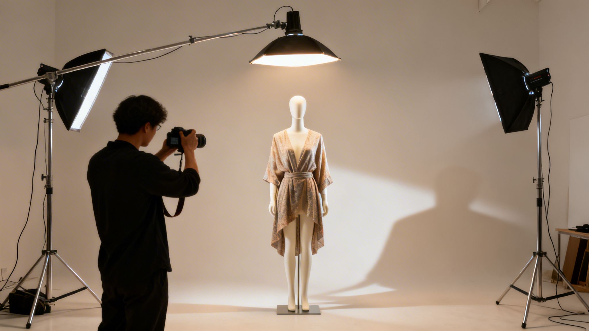 A photographer works in a studio, capturing a mannequin wearing a fashionable dress.