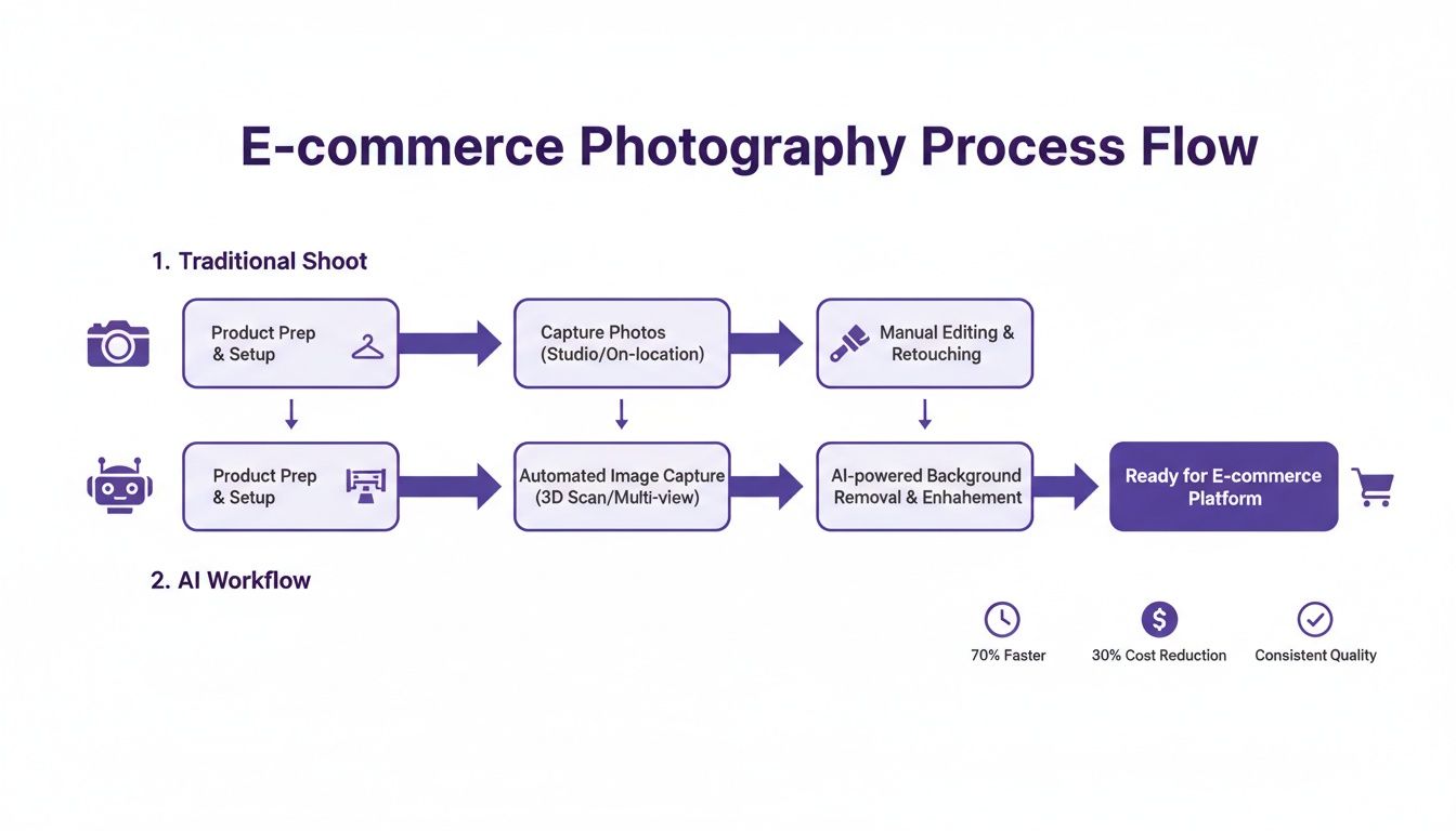 Flowchart comparing traditional and AI workflows for e-commerce product photography, showcasing AI benefits in speed and cost.