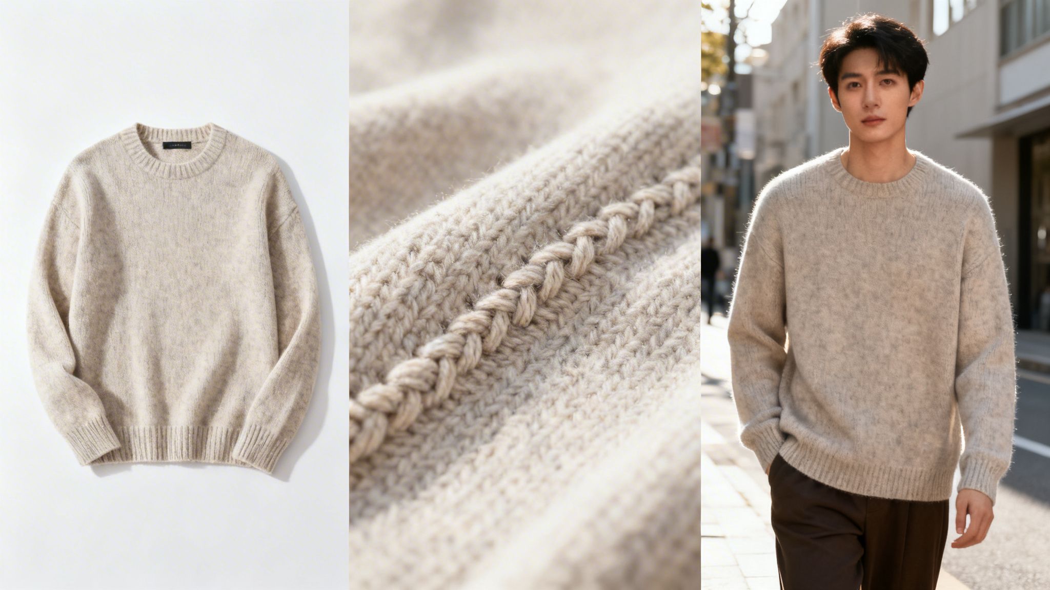 Three views of a light beige crew-neck sweater, showcasing its knit texture and style on a model.