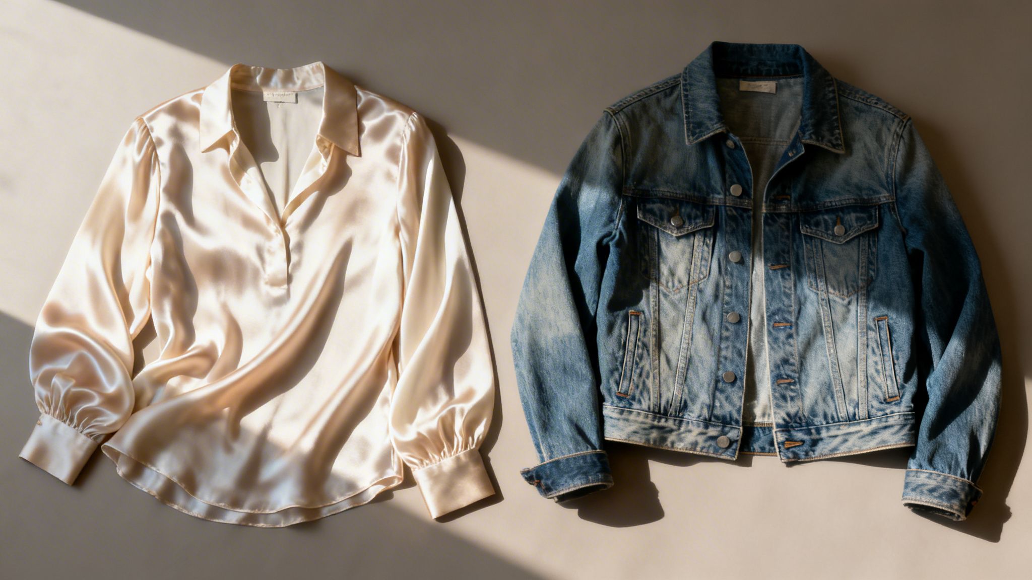 An elegant champagne silk blouse next to a distressed blue denim jacket on a light surface.