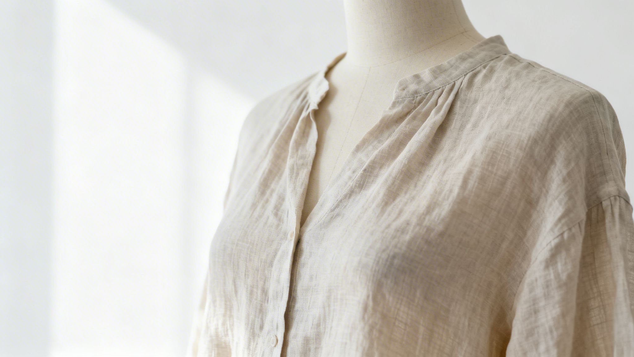 Close-up of a light beige linen shirt on a mannequin, showcasing fabric texture and collar.