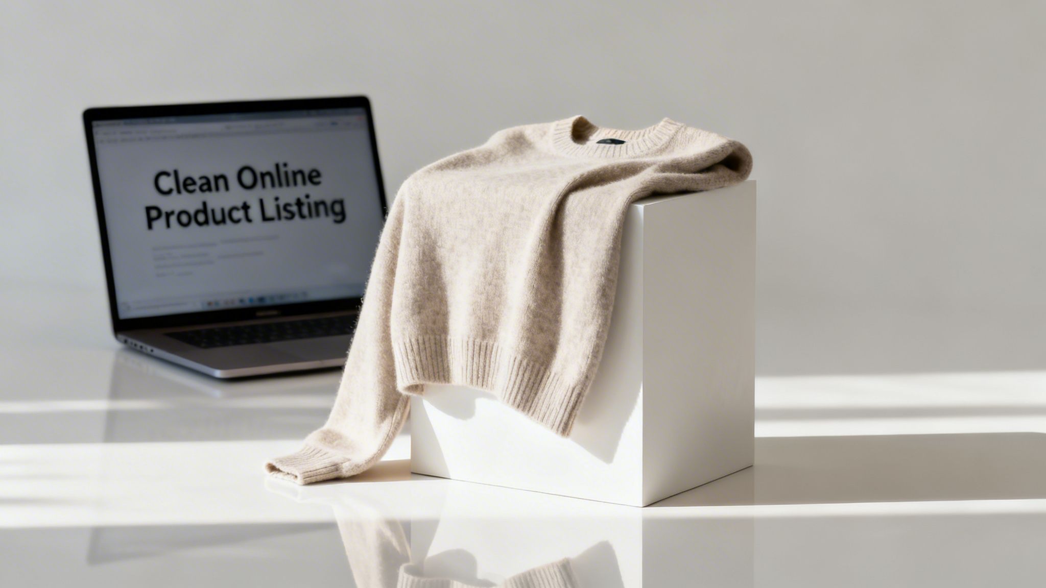 A soft beige sweater draped over a white cube, with a laptop displaying 'Clean Online Product Listing' in the background.