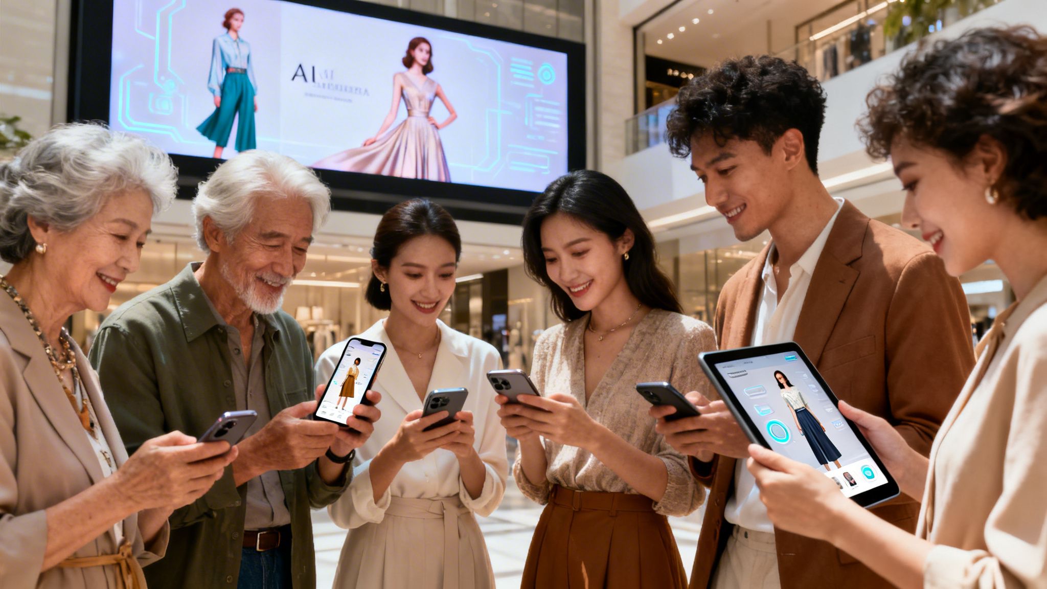 A diverse group of people using smartphones and a tablet to interact with an AI stylist app.