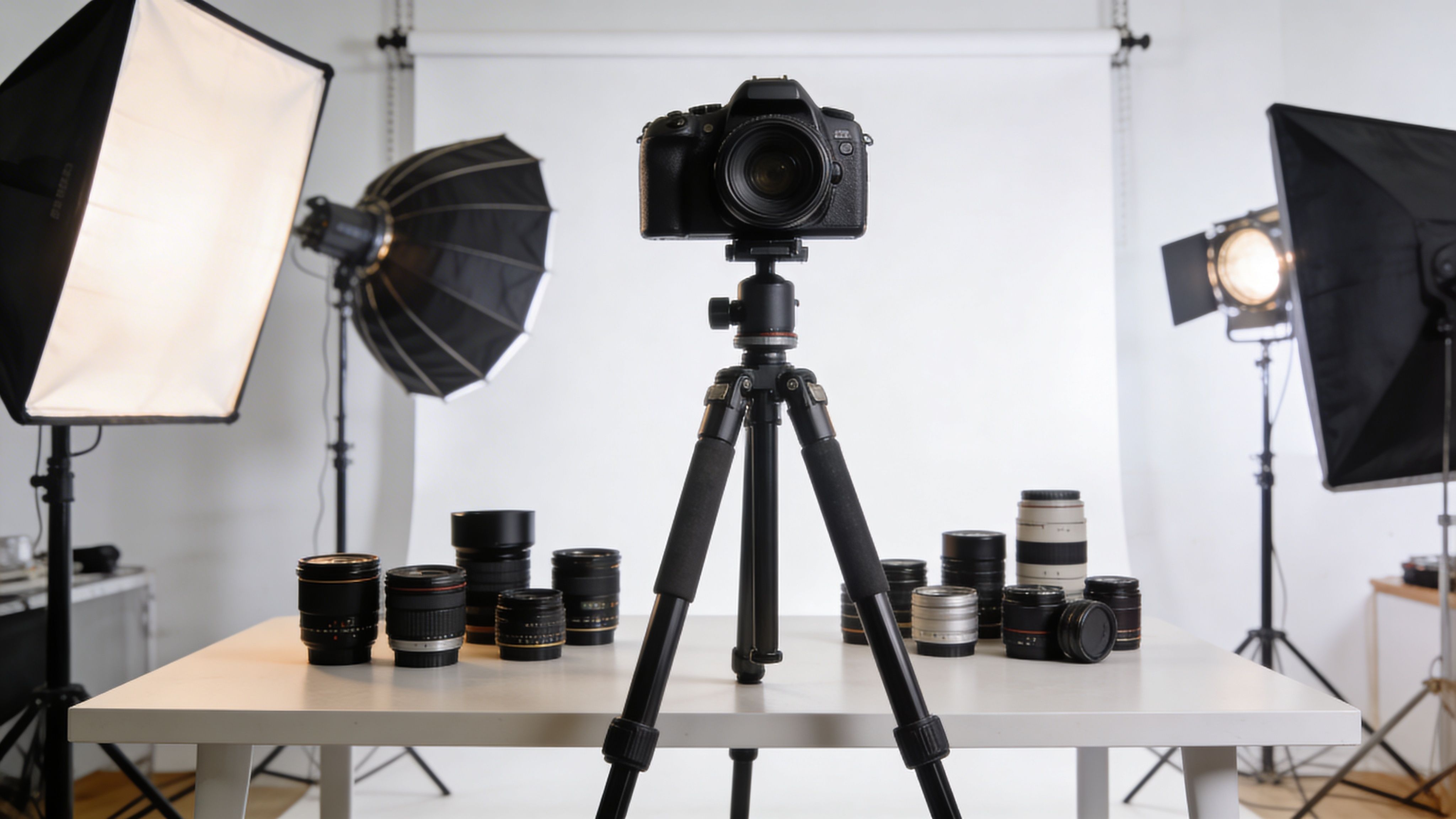 A professional photography studio setup with a camera on a tripod surrounded by various camera lenses.
